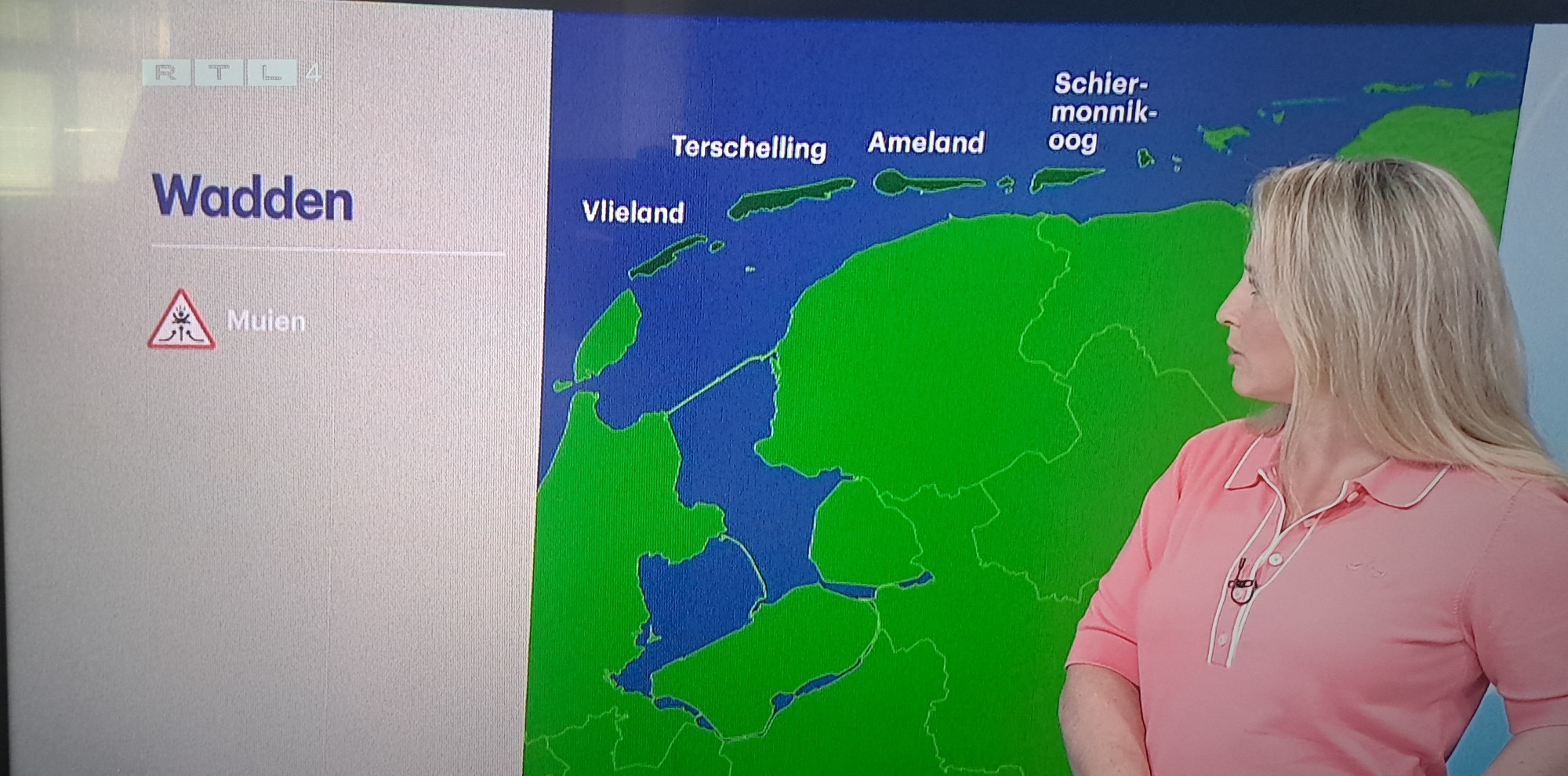 Weerkaart van de wadden waarop Texel niet is gemarkeerd.