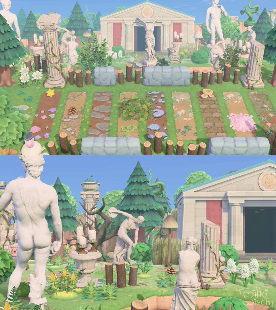 two screenshots from animal crossing: new horizons. the top screenshot shows a land bridge with the museum visible in the background. the bottom screenshot is a close-up of the museum area. it features forest decorating styles and statues.