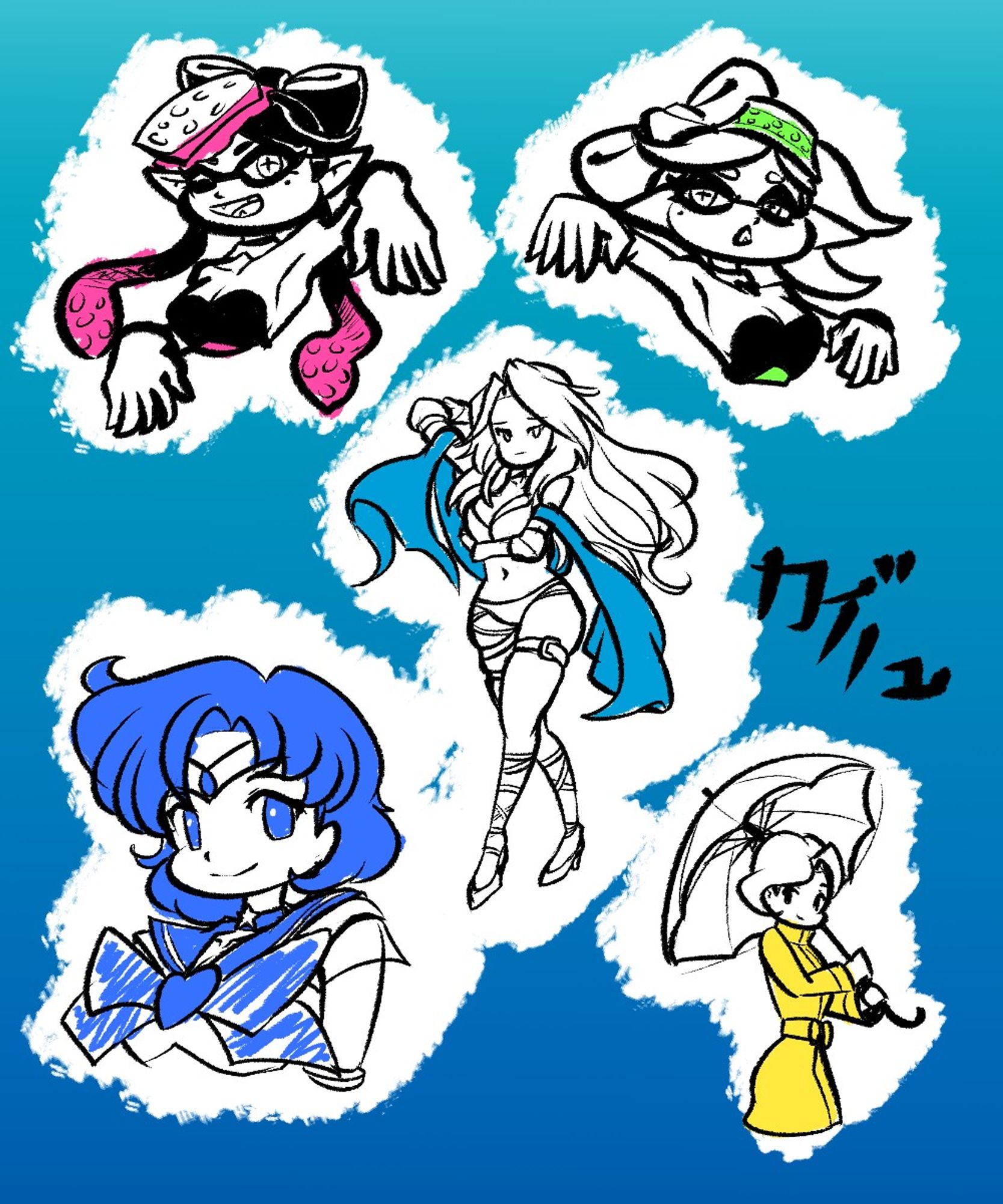 A set of 5 quick two-tone doodles which include: a bust of Callie from Splatoon, a bust of Marie from Splatoon, a full-body of summer Katalina from Granblue, a bust of Sailor Mercury from Sailor Moon, and a half-body of a Parasol Lady from Omega Ruby / Alpha Sapphire.