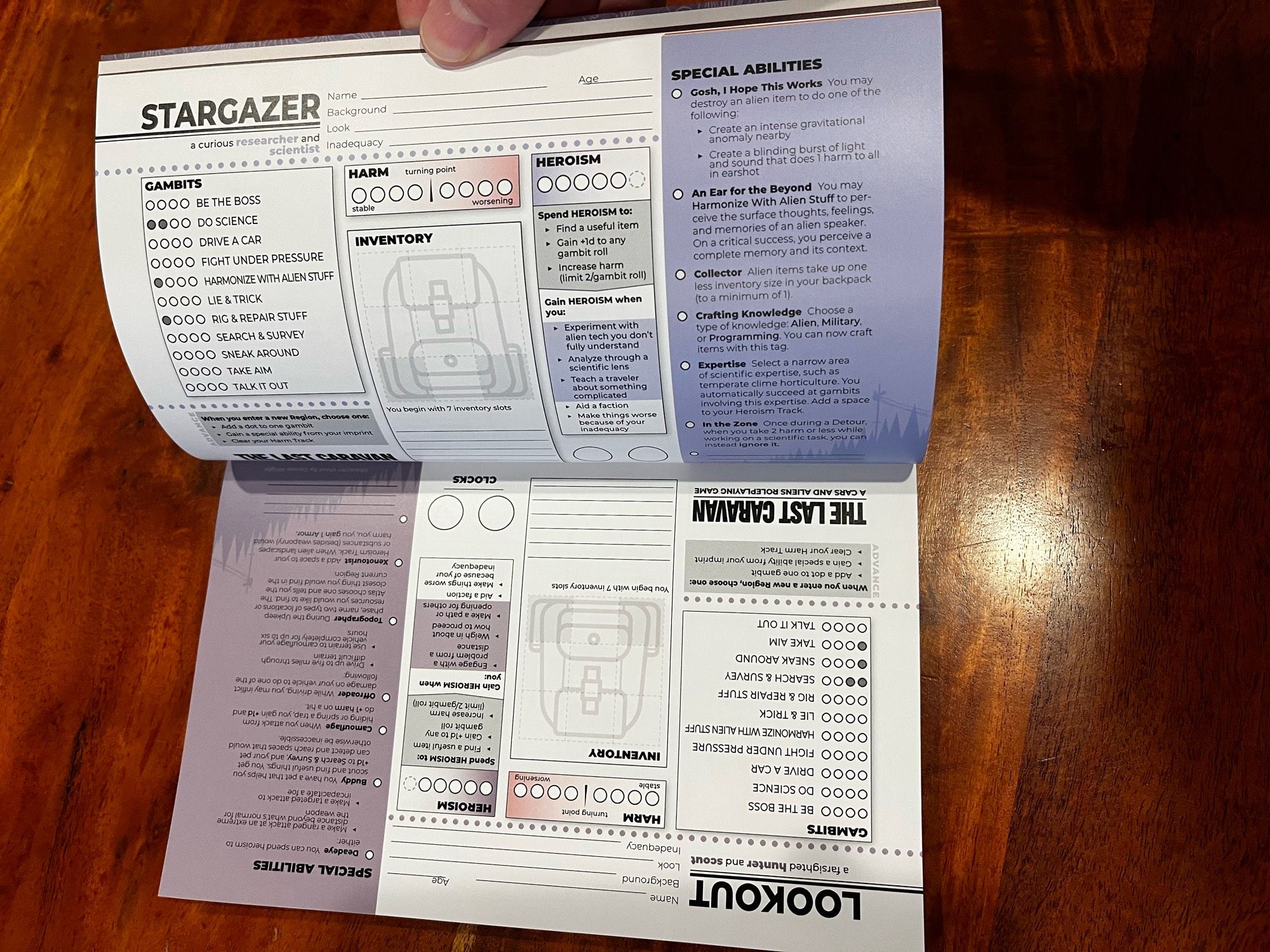 Character sheets for the Lookout and Stargazer at the back of The Last Caravan.