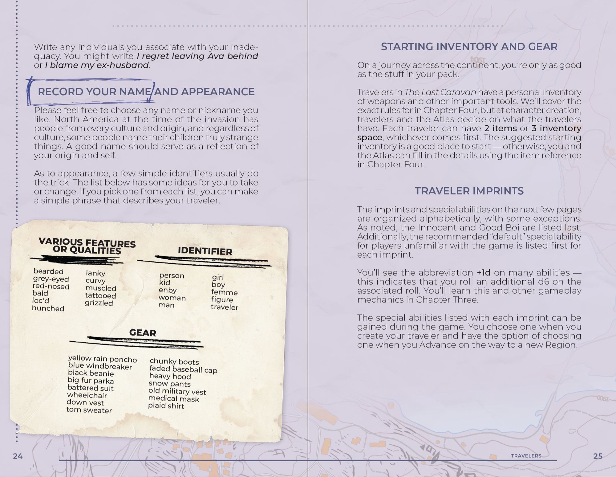 The Last Caravan page spread: Record Your Name and Appearance, Starting Inventory and Gear, Traveler Imprints