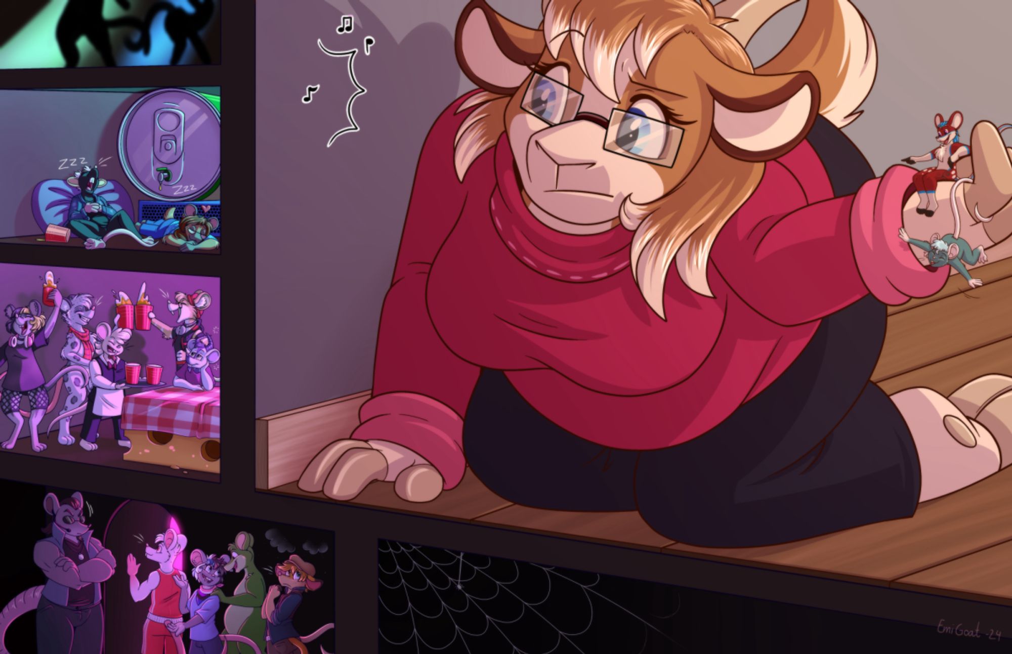 Emi the goat is holding two mice in her hand and looking at the wall with confusion. Music is heard from the other side, and a see-through view shows us a full mice night club full of mice partying and having fun.