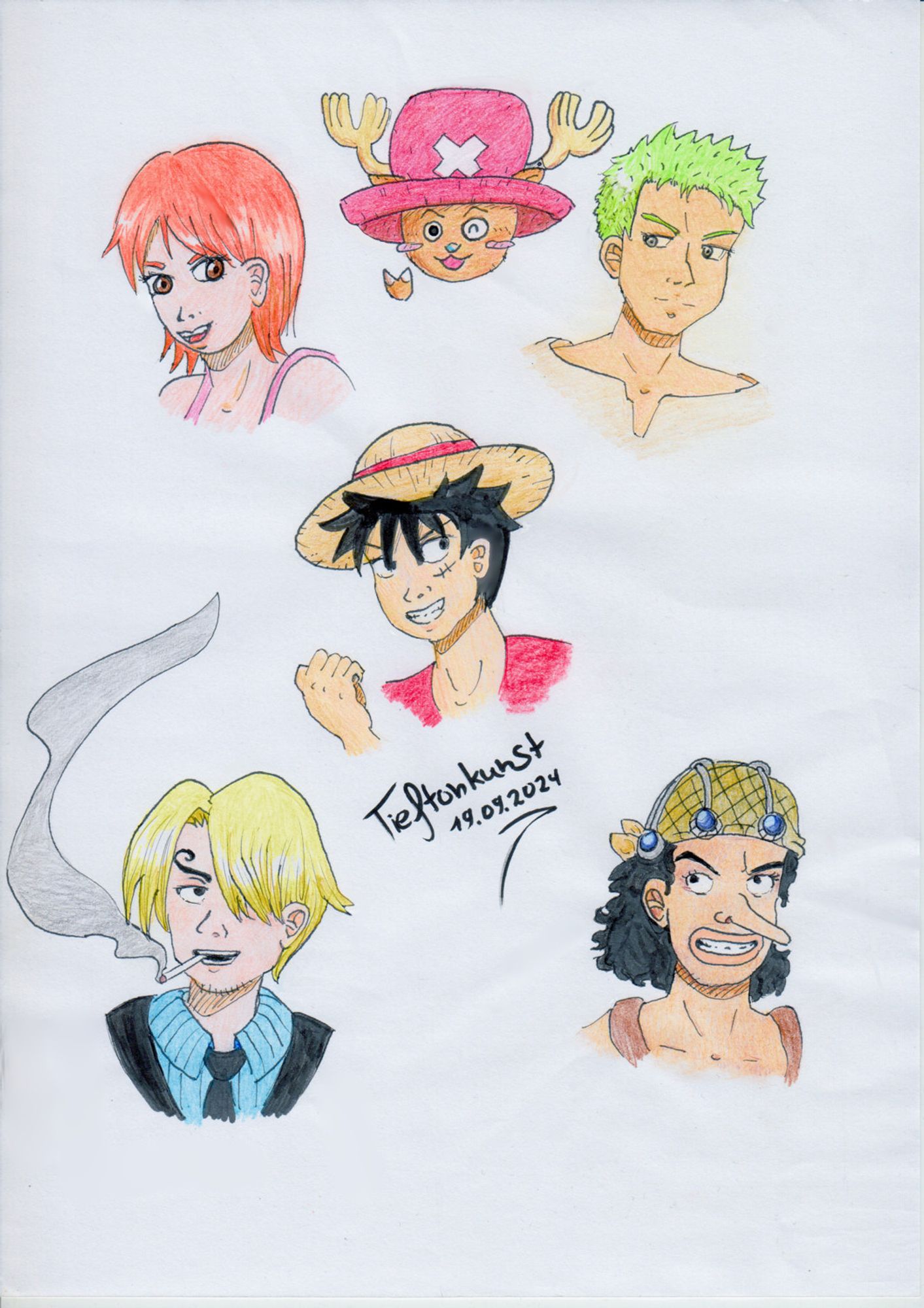 A coloured sketch of six portraits of the Straw Hat Pirates, the main characters from the manga One Piece. Clockwise from the top left: Nami, Chopper, Zoro, Usopp, and Sanji, with Luffy at the centre. The sketch is coloured with coloured pencils.