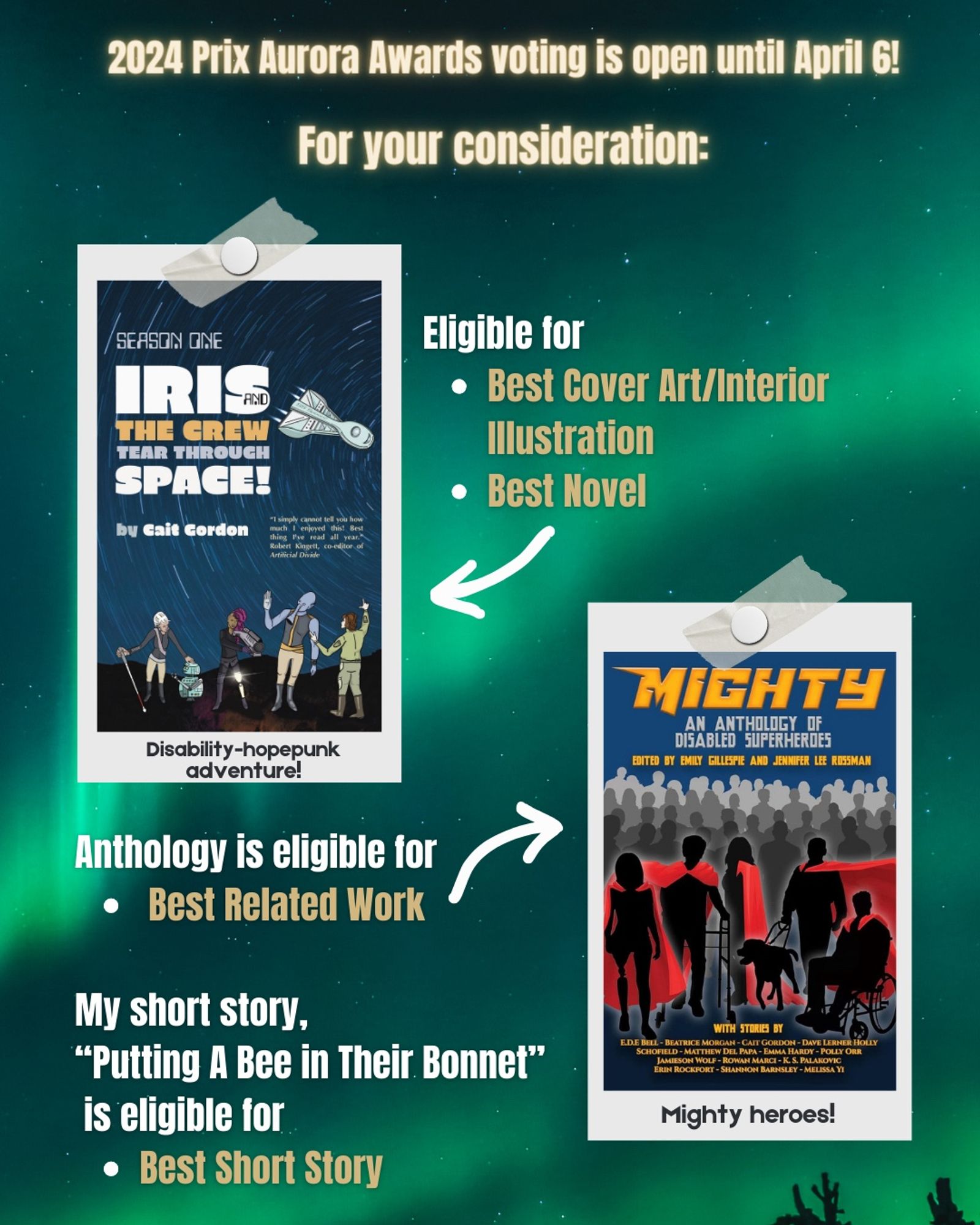 Image shows the book cover for Season One : Iris and the Crew Tear Through Space and the Mighty anthology. My novel can be eligible for an nomination for best novel, and for best cover and interior illustration. My short story can be nominated for best short story. And the Mighty anthology can be nominated for best related work.