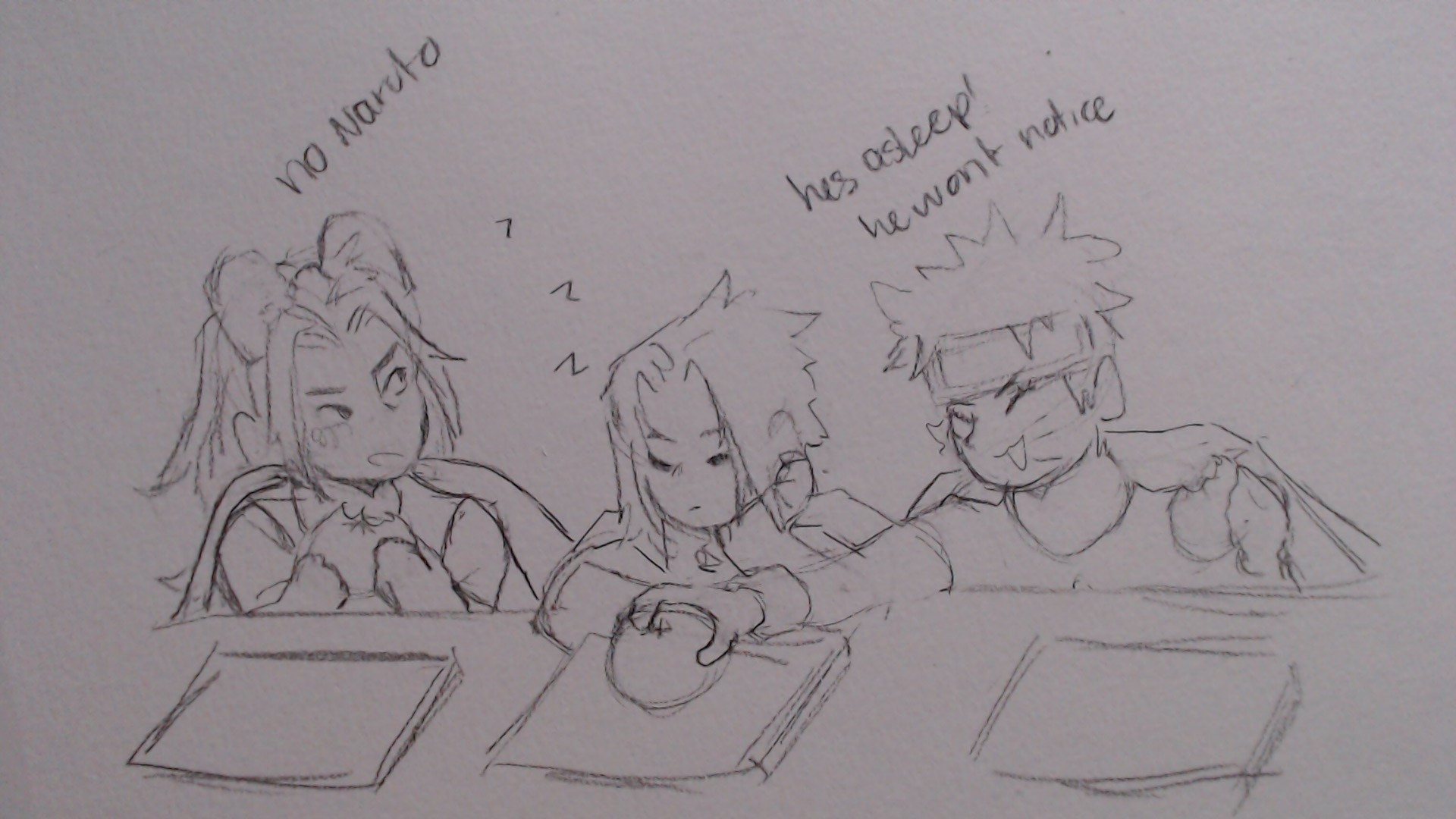 Sakura Sasuke and Naruto sitting at grandma's table. Sasuke is asleep and Naruto is reaching over to steal Sasuke's bun while Sakura does little to stop him x)