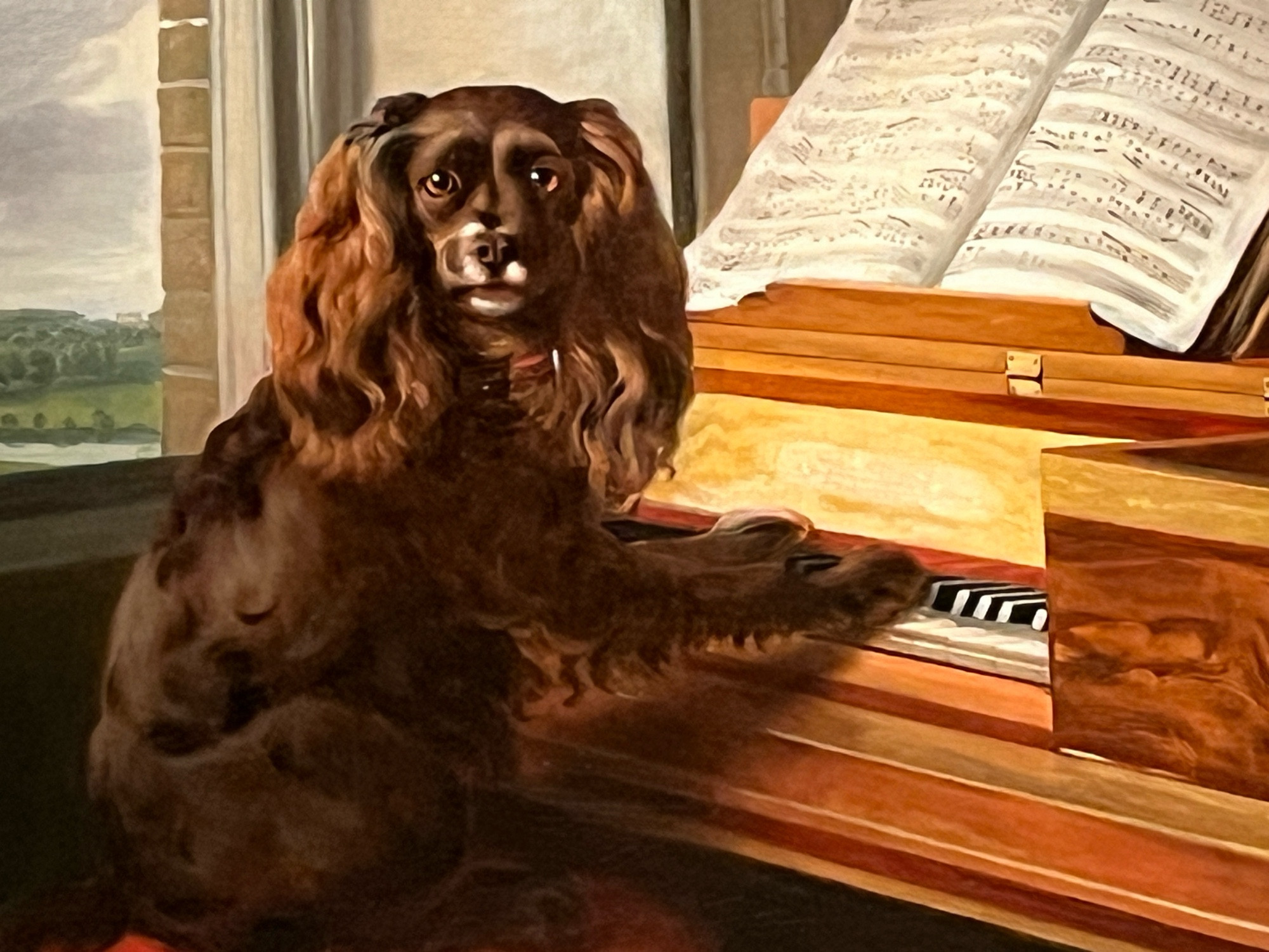 An oil painting of a dog looking surprised after being discovered playing the piano.