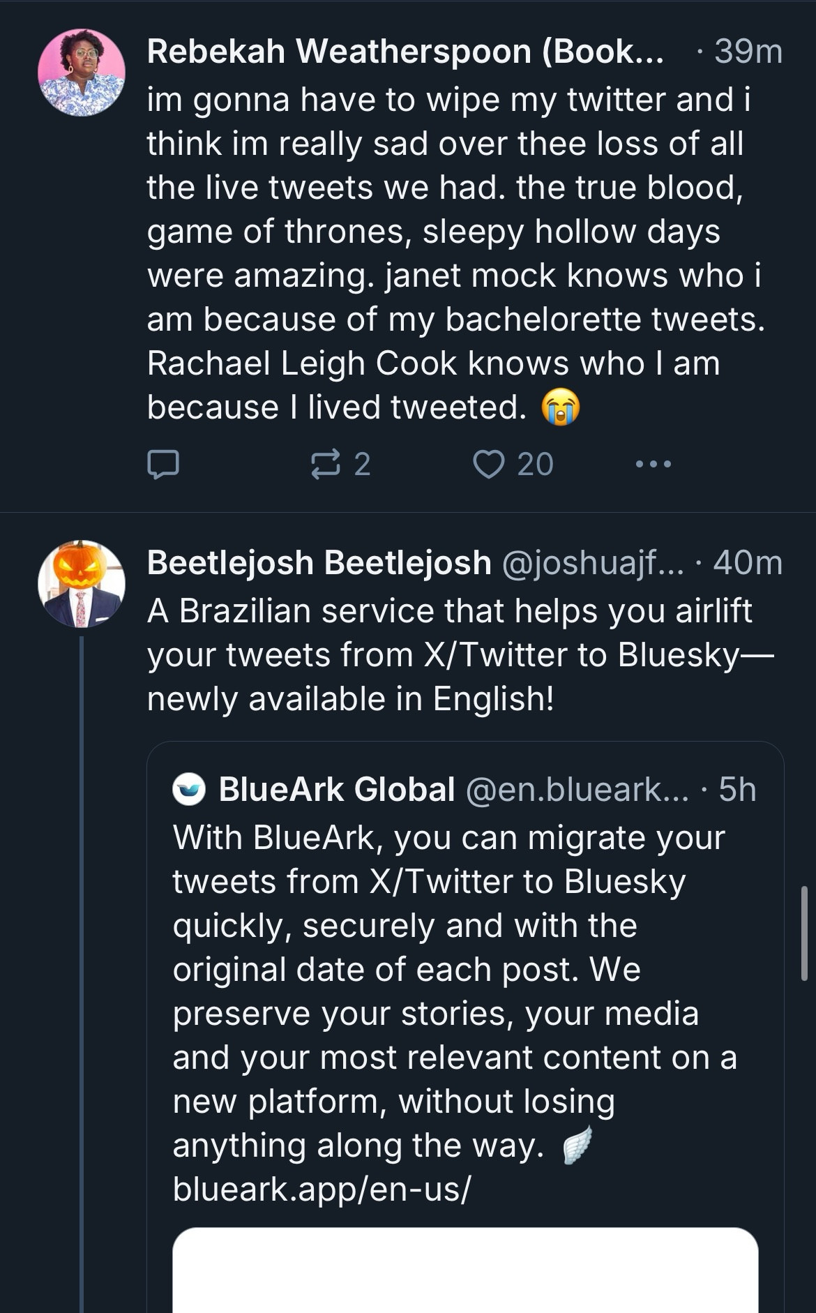 Screenshot of an explanation of BlueArk which claims to airlift Tweets to BlueSky