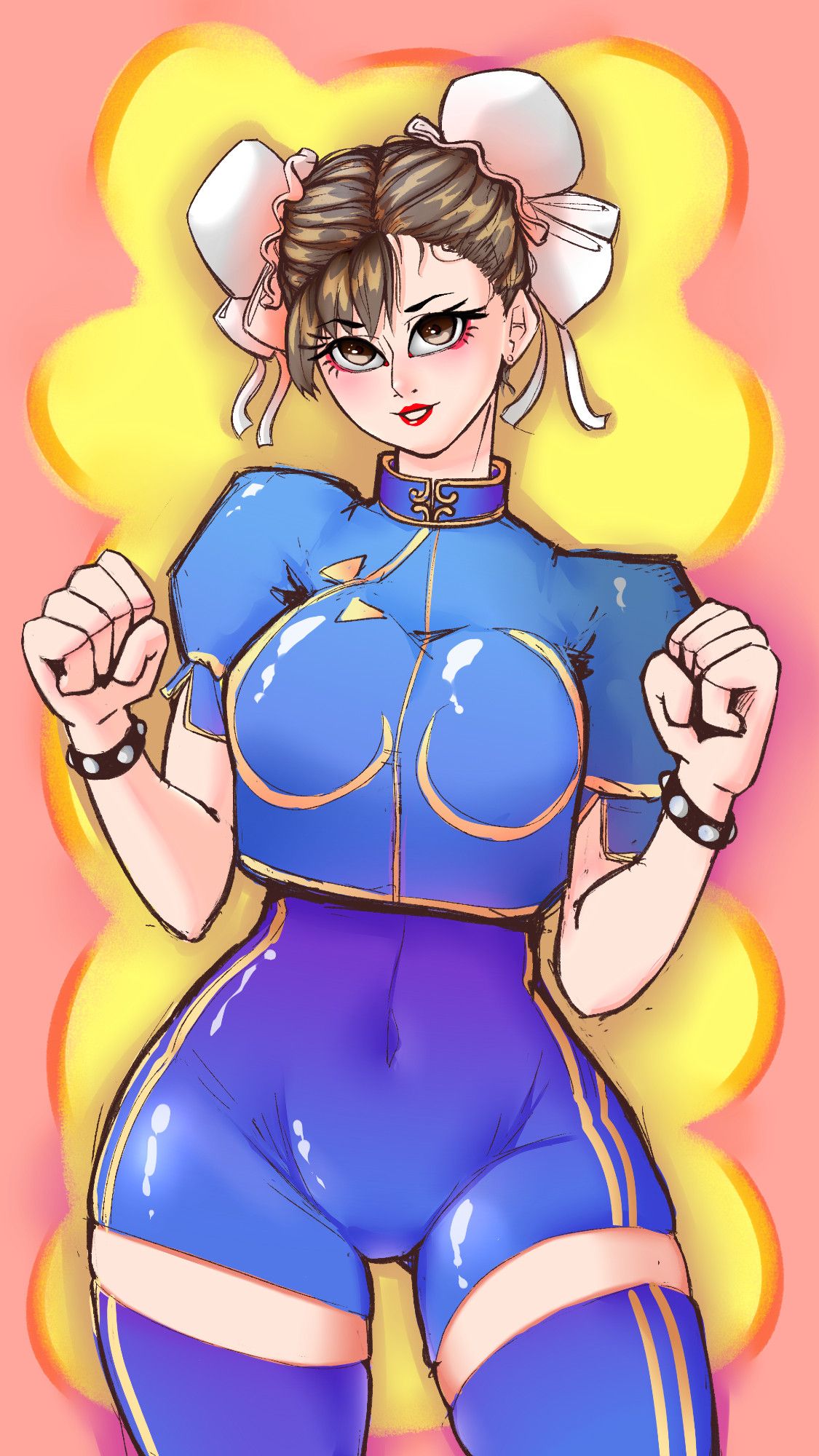 Chun Li from Street Fighter looks directly at you. She's raising her arms and flexing her hips as if she was about to kick you out.