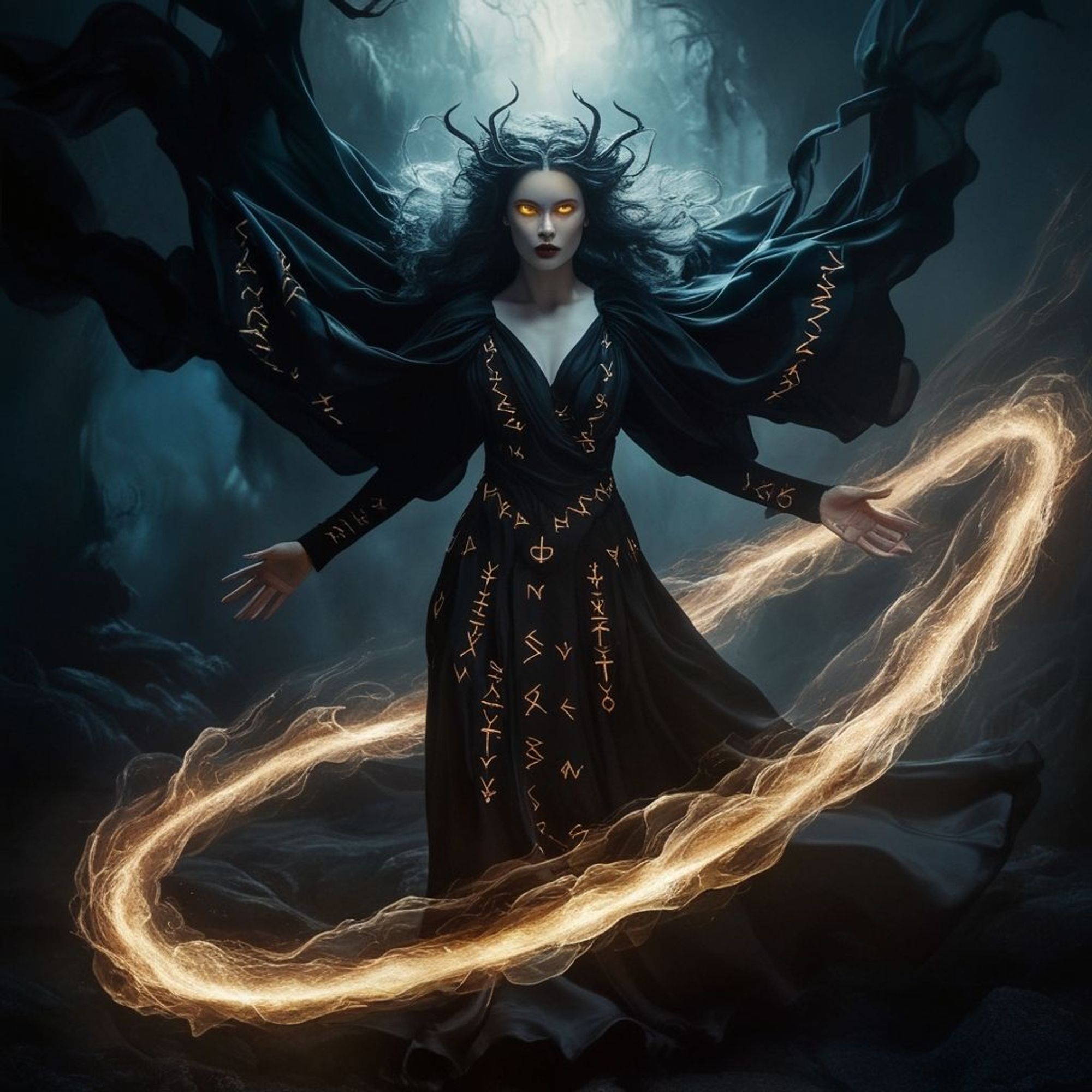 In the shadows of a mystical realm, a hauntingly beautiful Sorceress emerges from the darkness. Her ethereal form shrouded in billowing black silk adorned with ancient runes that seem to glow with an otherworldly power. The image, whether a digital painting or a photograph, captures her piercing golden eyes and swirling magical energies that surround her. The impeccable attention to detail and the striking contrast between light and darkness elevate this image to a breathtaking work of art, drawing viewers into a world of fantasy and darkness.