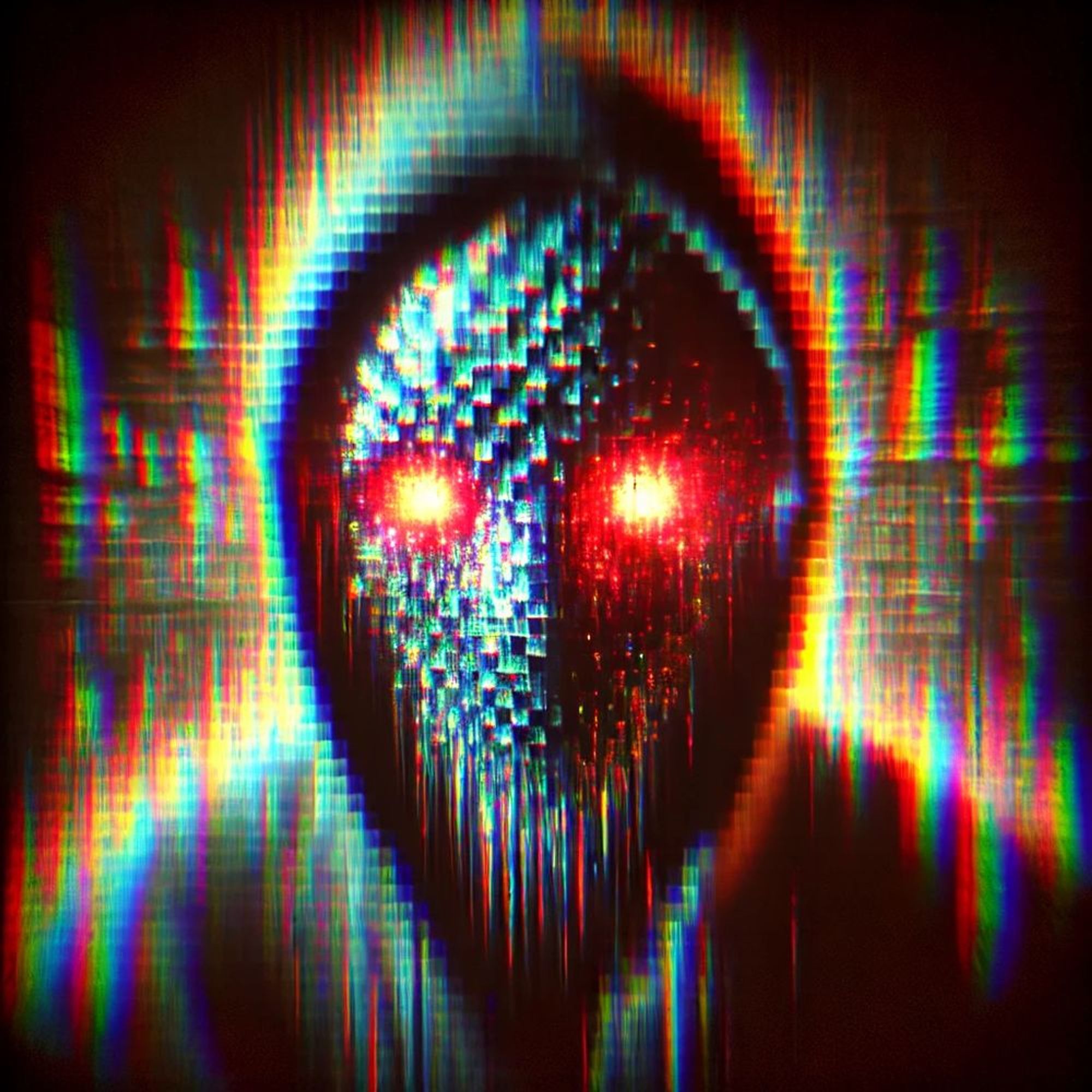 A hauntingly iridescent digital artifact looms ominously in a low key pinhole photograph. The main subject of the image is a glitched out pixelated figure with glowing red eyes. The image, a digitally manipulated photograph, captures the mystery and eeriness of the glitched figure. Its distorted features create a sense of unease, enhanced by the vivid red glow emanating from its eyes. The high quality of the image ensures every pixel and detail is crisp and clear, adding to the immersive and chilling experience for the viewer.