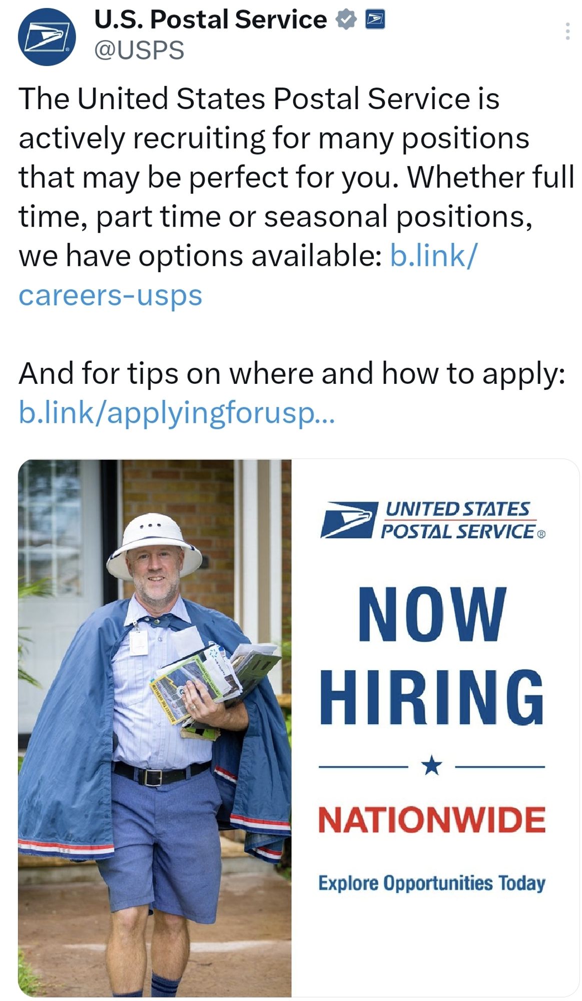 A screenshot of an X advertisement for the United States Postal Service. Text of the post exhorts readers to consider a job with the USPS. In the photo, a letter carrier with a graying beard holds mail. He is wearing a jaunty blue cape trimmed in red and white. On his head is a white, safari style pith helmet.