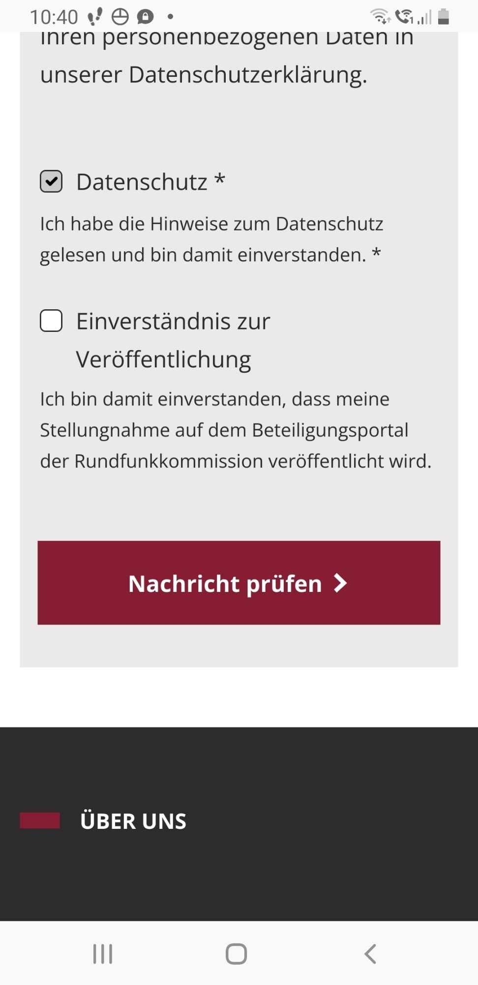 Sendeformular, auf dem "Nachricht prüfen" steht