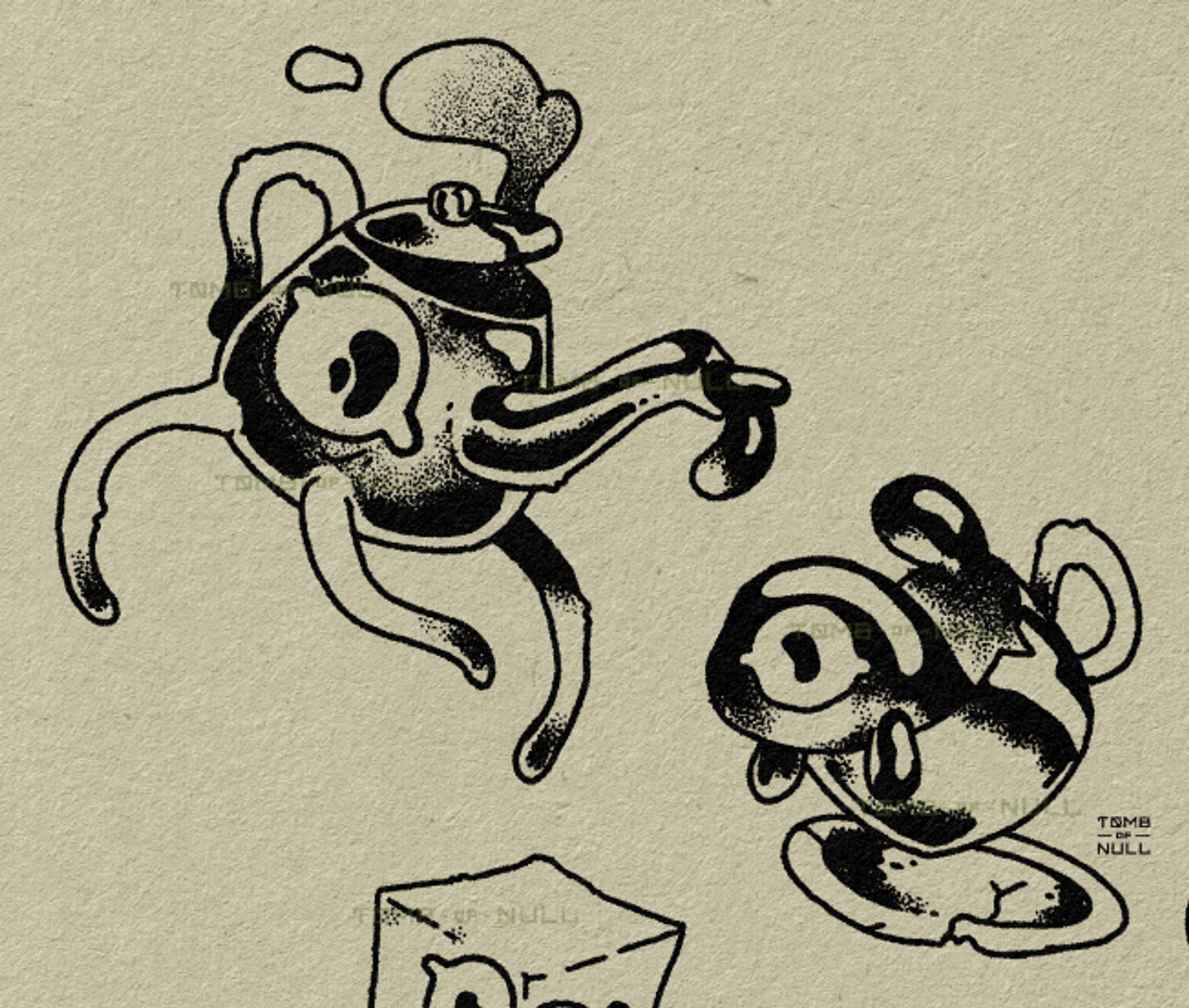 An illustration of two tea pot and teacup looking creatures. Both seem wide eyed and curious.