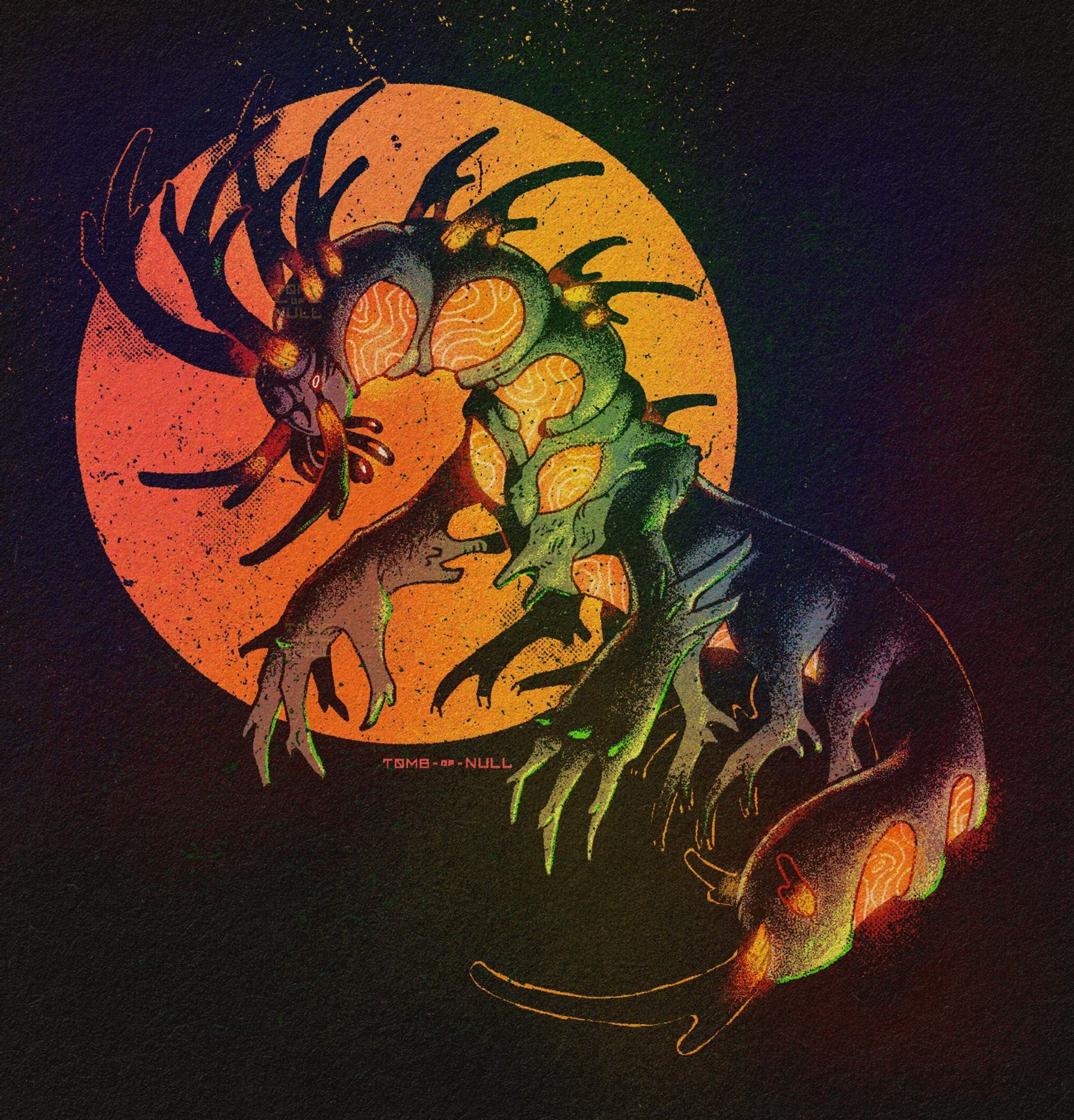 An illustration of a large caterpillar-like creature. It sports massive horns and spines down its body and tail tip. Their underbelly and eyes illuminate with a hazy, orange glow.