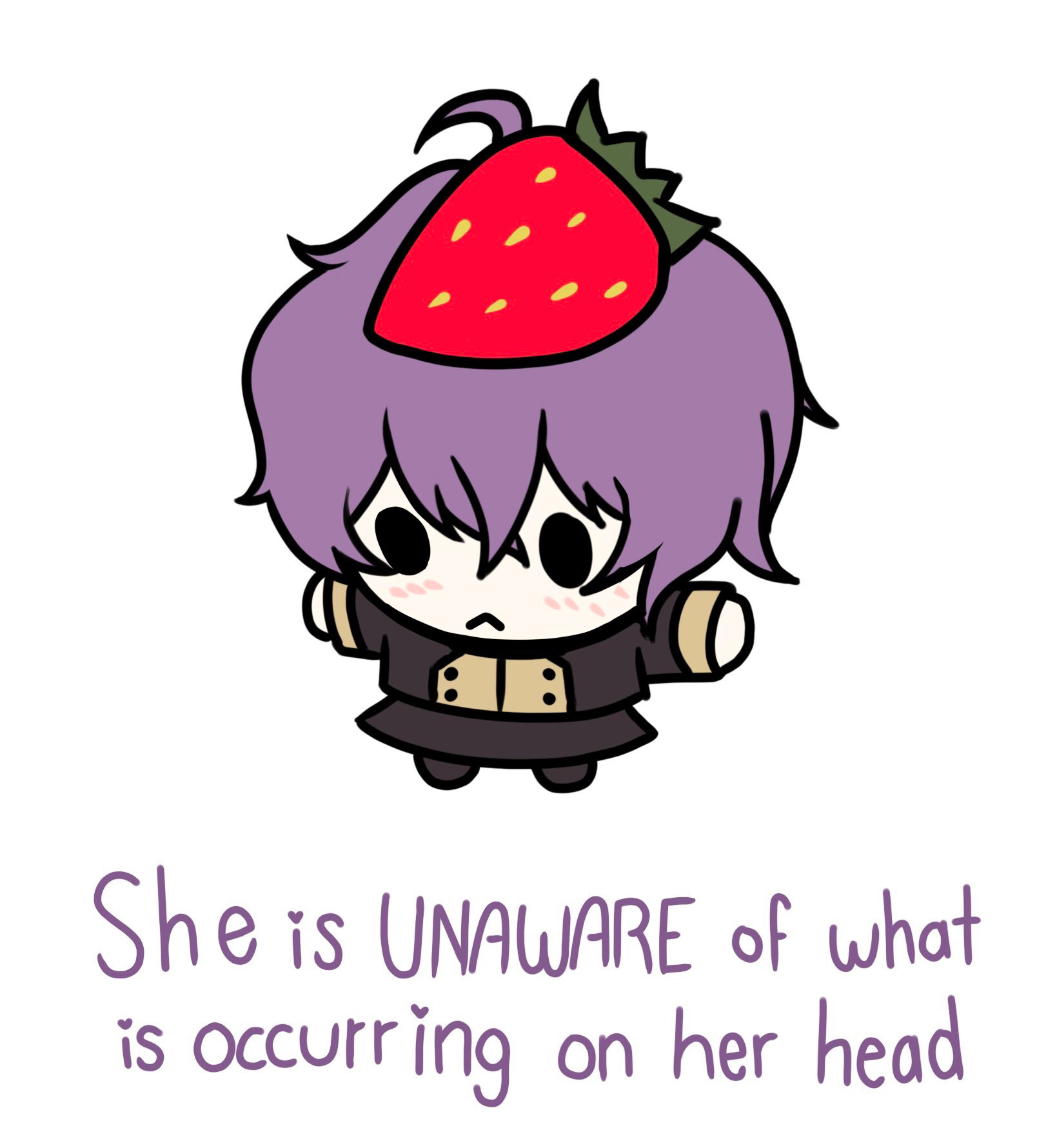 fanart of Bernadetta Von Varley but tiny, “She is UNAWARE of what is occurring on her head” 
And she has a strawberry on her head !