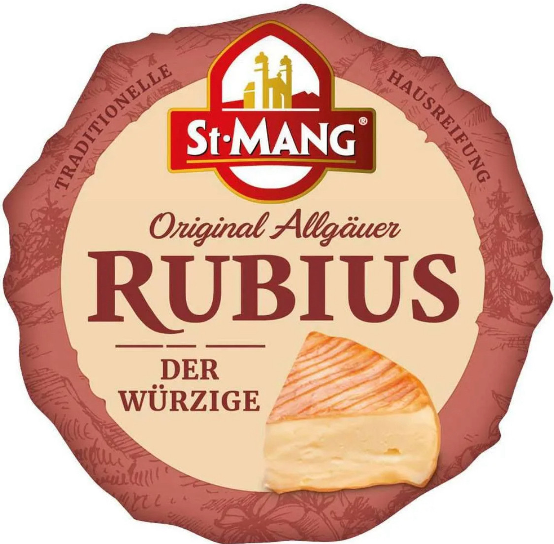 Käseverpackung, auf der "Rubius der Würzige" steht