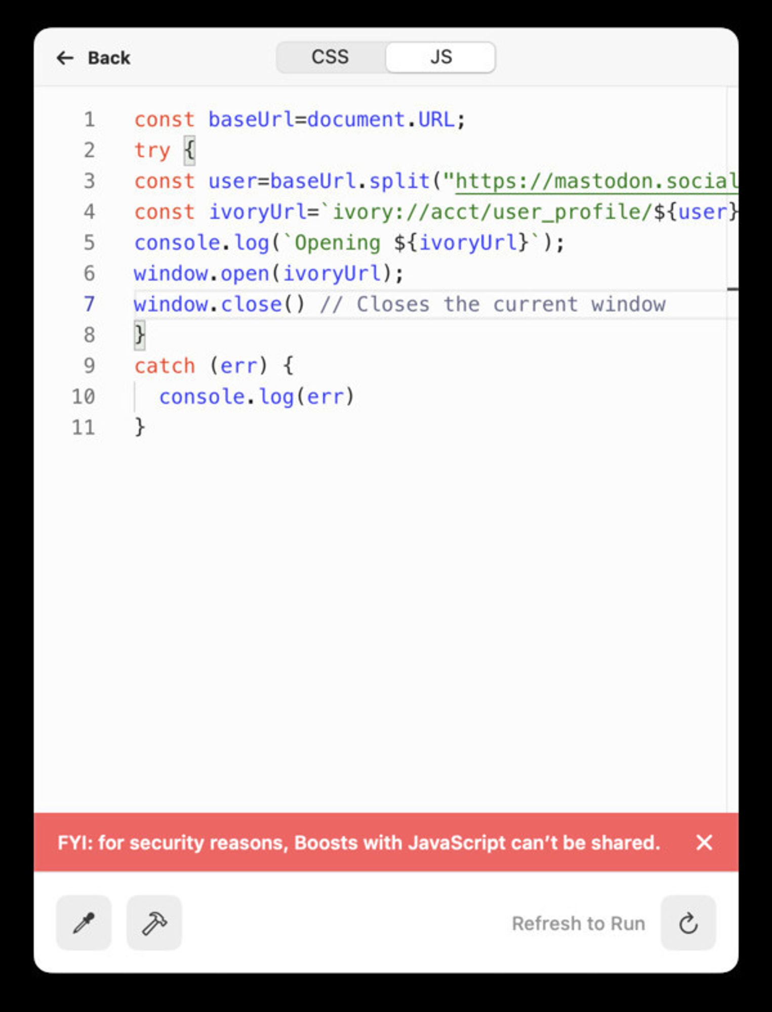 The javascript code window