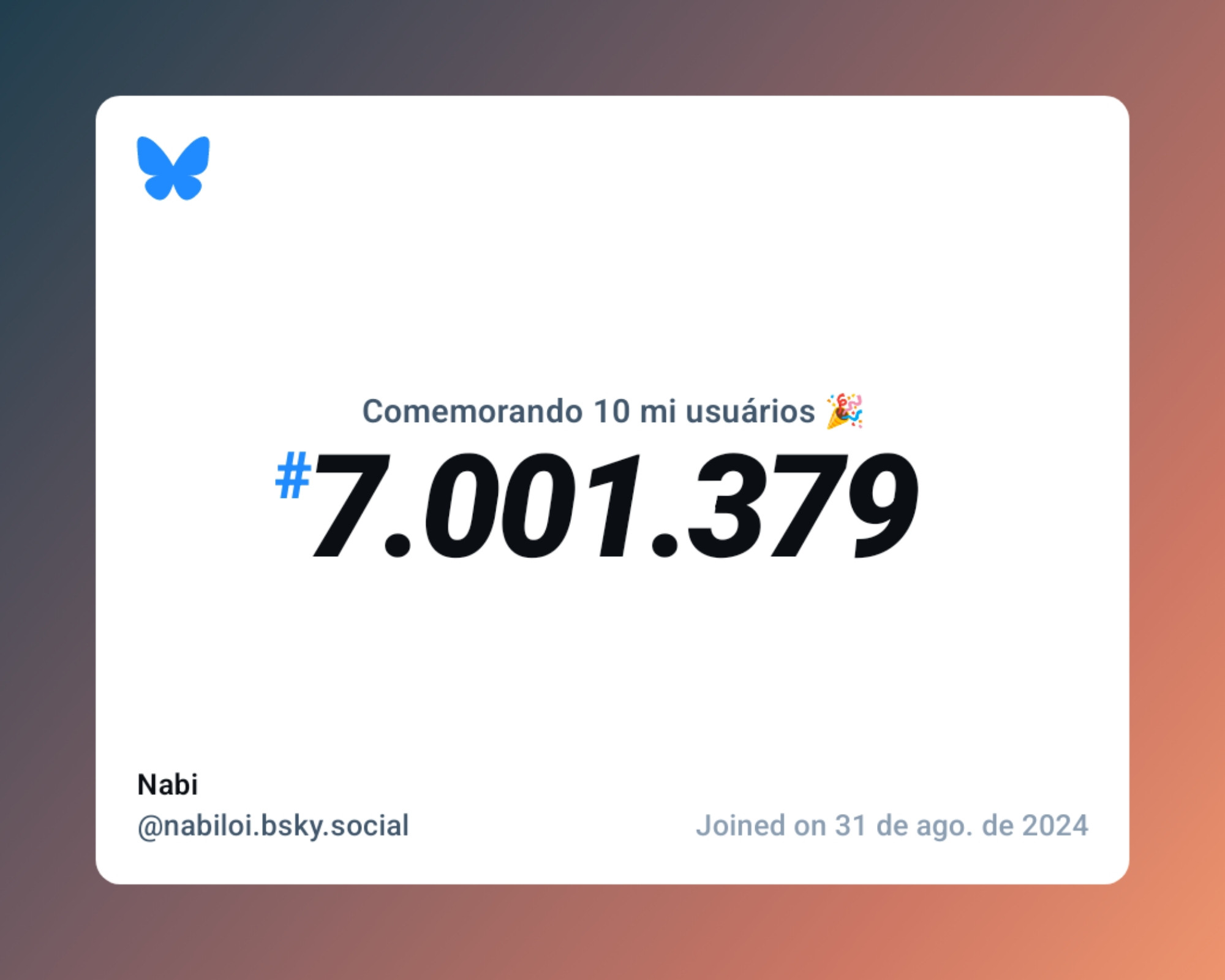 Um certificado virtual com o texto "Comemorando 10 milhões de usuários no Bluesky, #7.001.379, Nabi ‪@nabiloi.bsky.social‬, ingressou em 31 de ago. de 2024"