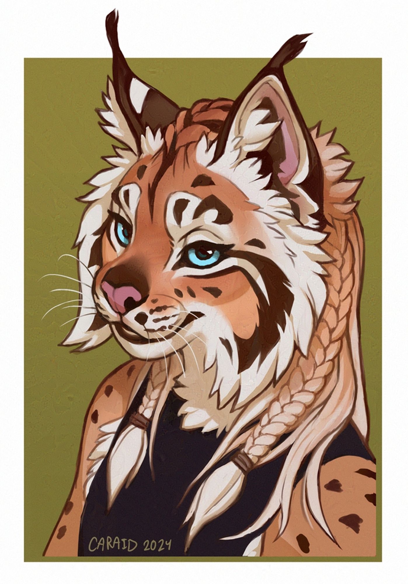 Badge art featuring a bust portrait of Caraid, my Iberian lynx fursona.