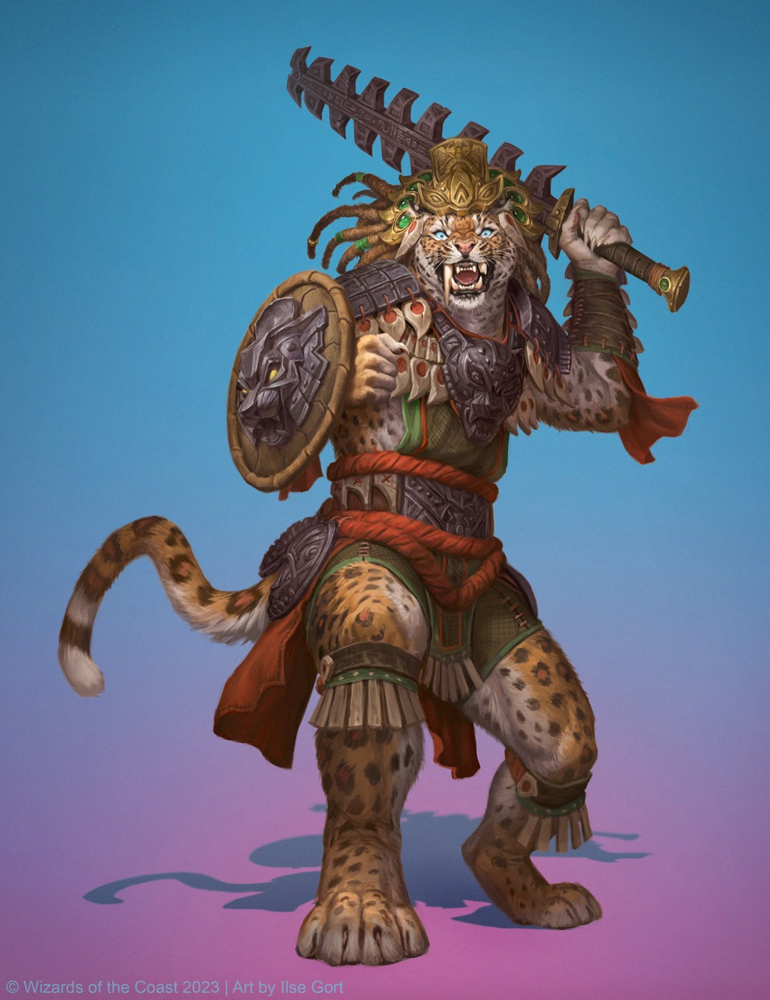 Illustration featuring an anthro leopard character in ancient Aztec-inspired clothing on a plain background. He wears a golden crown, a shield and a Macuahuitl (an ancient, serrated type of sword). This character was featured in the latest set of Magic the Gathering: the Lost Caverns of Ixalan, and the illustration was made as a marketing piece for physical products.