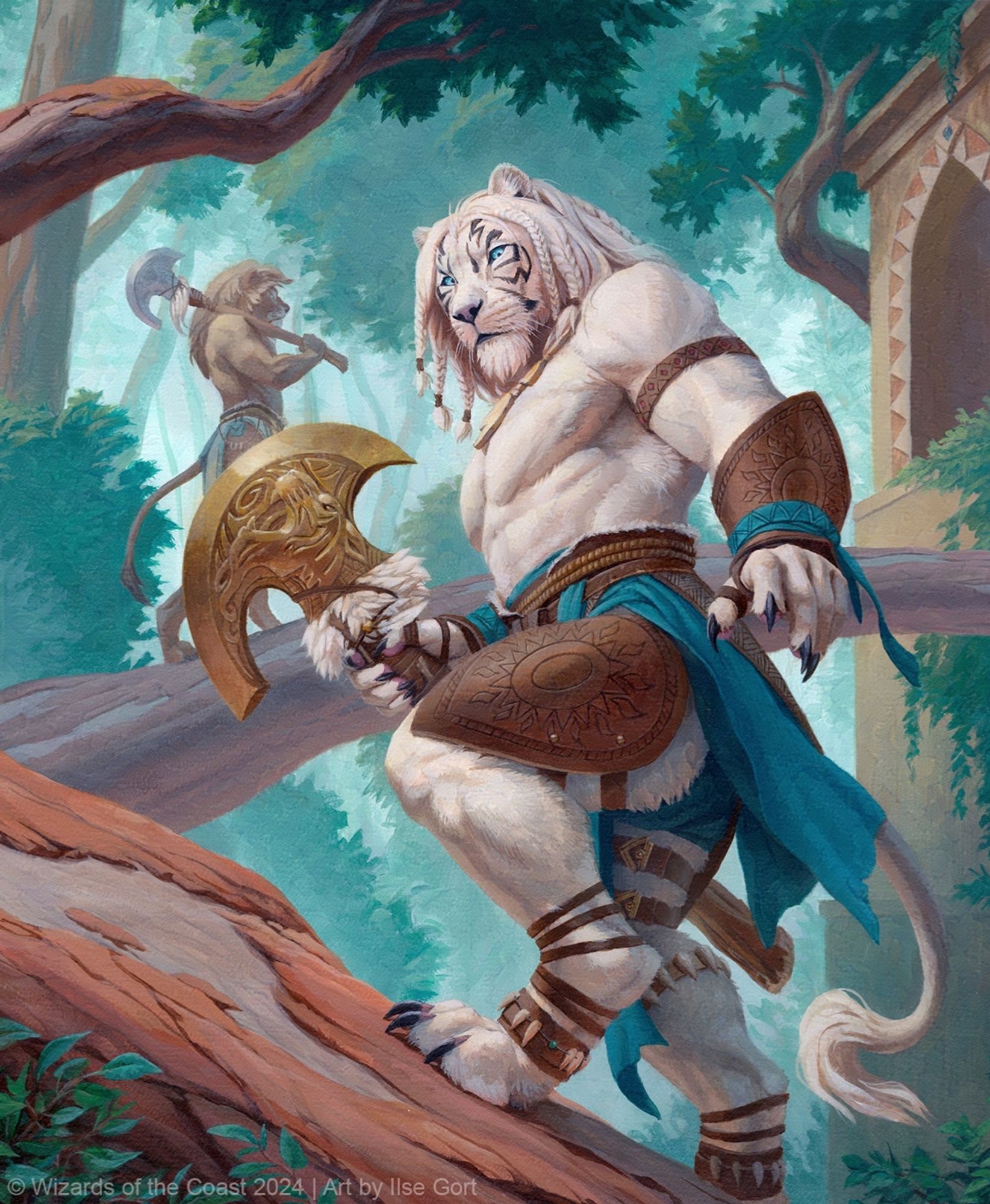 A traditional painting of Ajani from the game Magic the Gathering. Ajani is a white humanoid lion, called a leonin in this universe. In the piece he is in Naya, the green-aligned world of Alara where Ajani was born. It is a lush forest region. We are looking up at Ajani walking through the trees with his brother Jazal visible in the background.