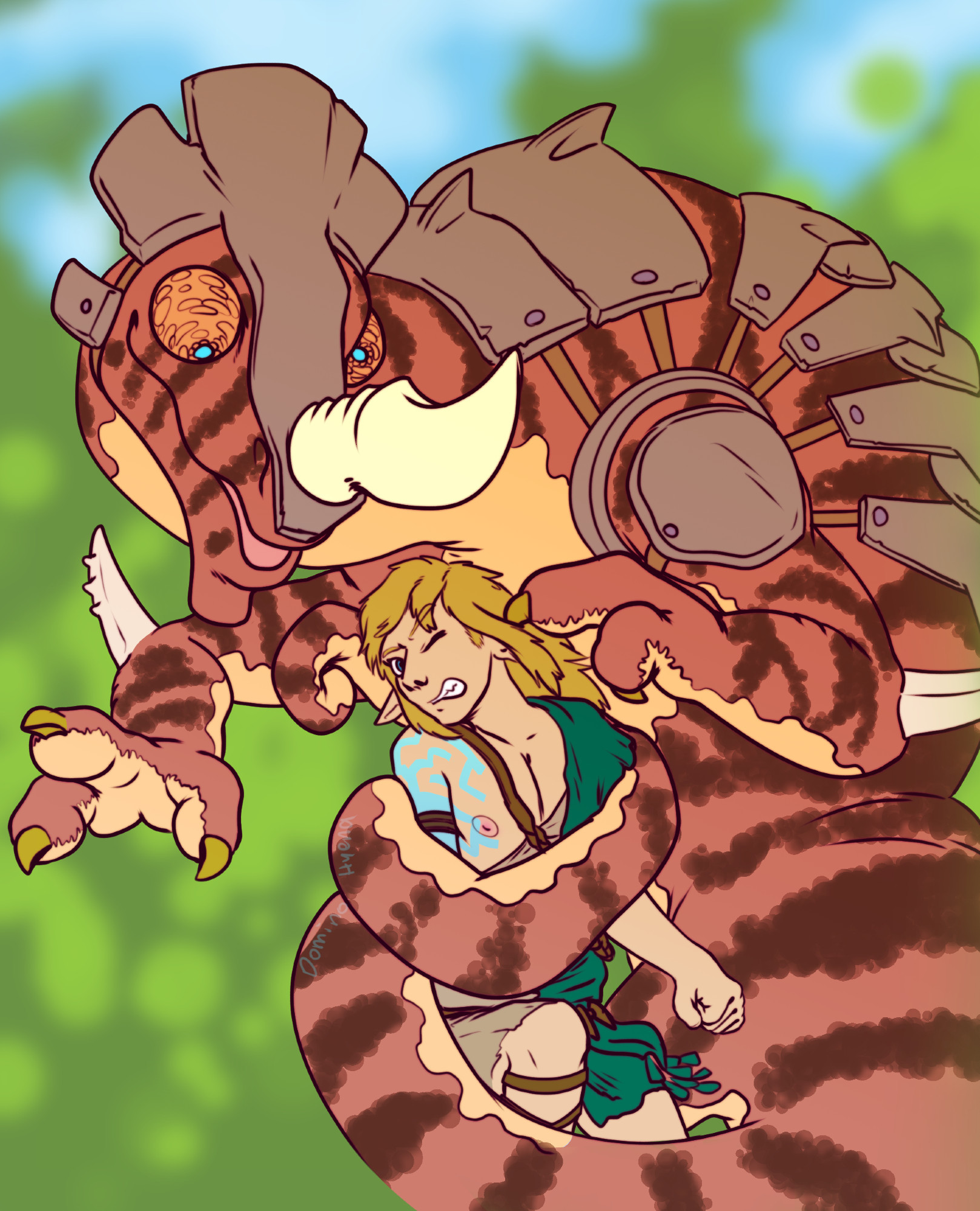 Link struggling in the tail of a red lizalfos