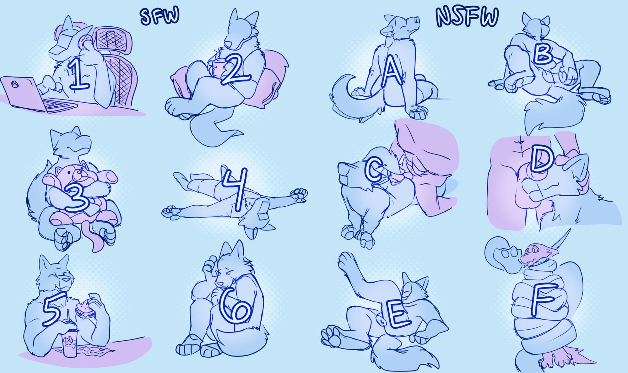 12 different YCH poses, 6 sfw and 6 nsfw