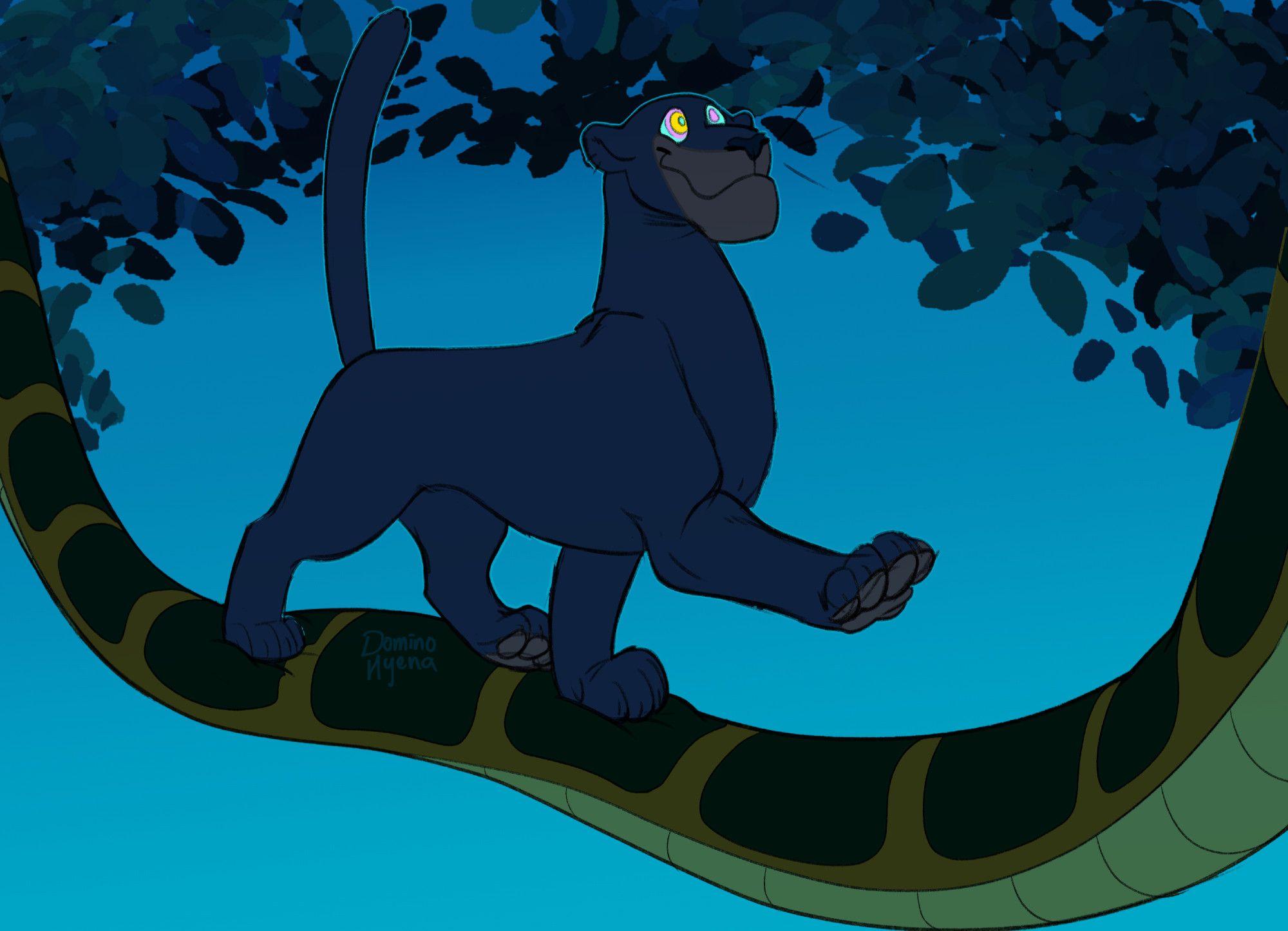 Bagheera hypnotized and marching down kaa's coils