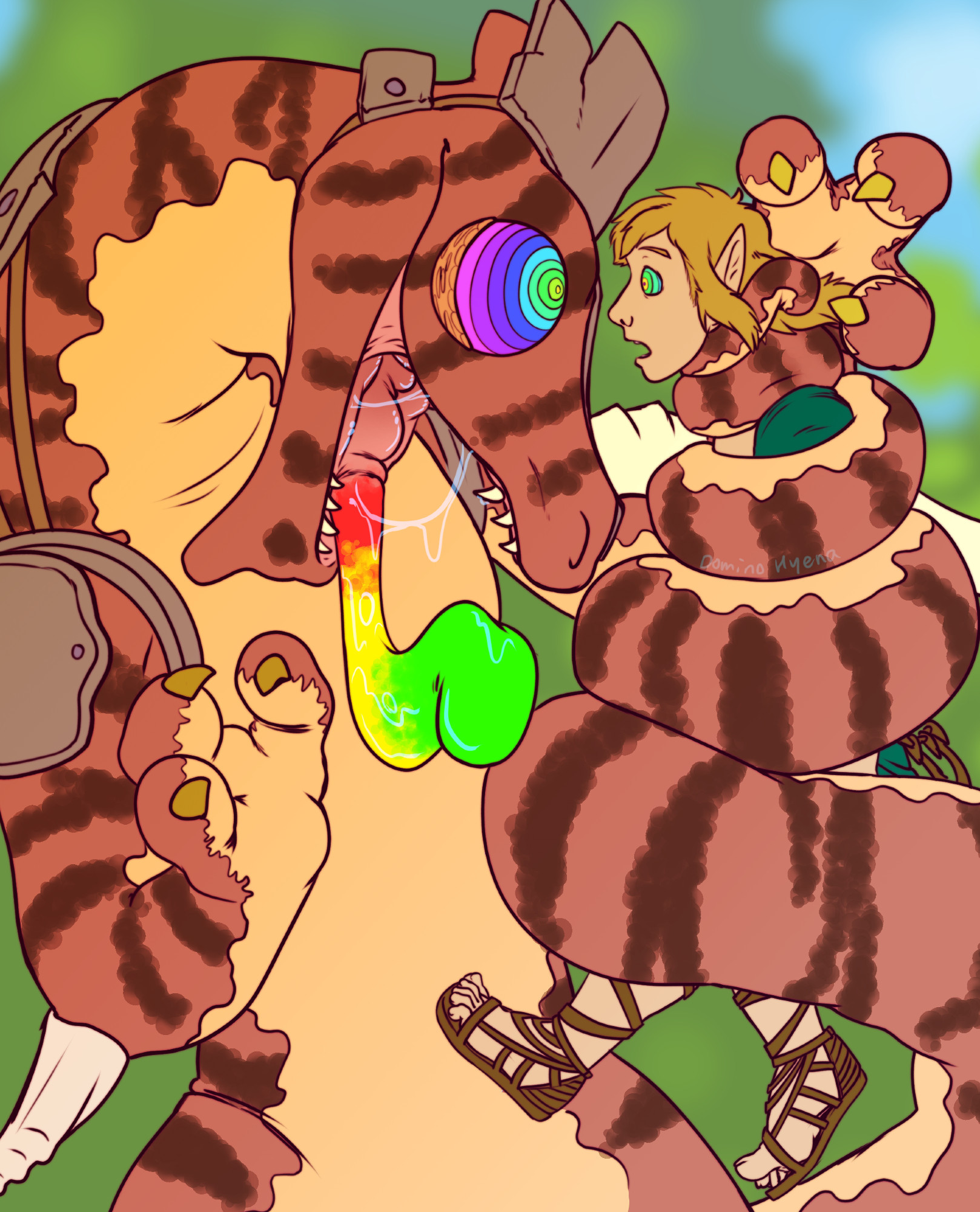 Link even mORE tightly coiled in that tail, the lizalfos has hypnotic neon eyes now, mouth open and tongue hanging.