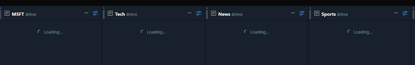 A screenshot of the TweetDeck (classic) interface with four lists - MSFT, Tech, News and Sports. All lists display a "Loading..." indicator showing they no longer work after recent quota changes at Twitter.