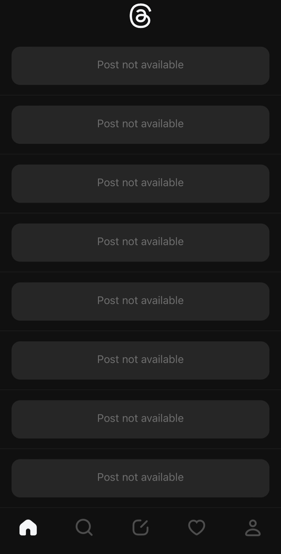 Screenshot of Meta's new Twitter clone Threads, showing all posts as "Post not available"