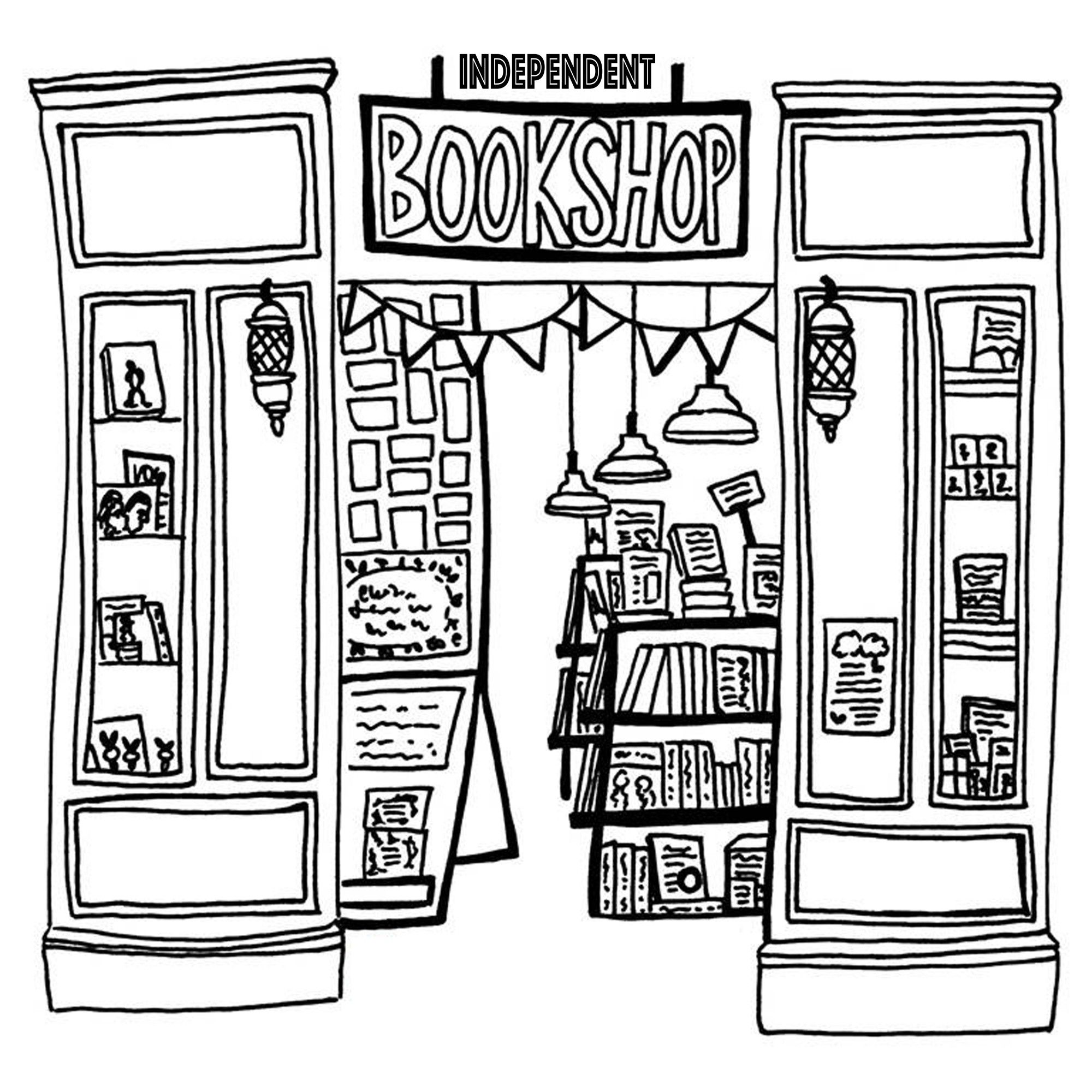 A pencil sketch of the front of a bookshop with a doorway in the middle showing the interior with bookshelves and lights, on either side of the doorway are windows with books in them