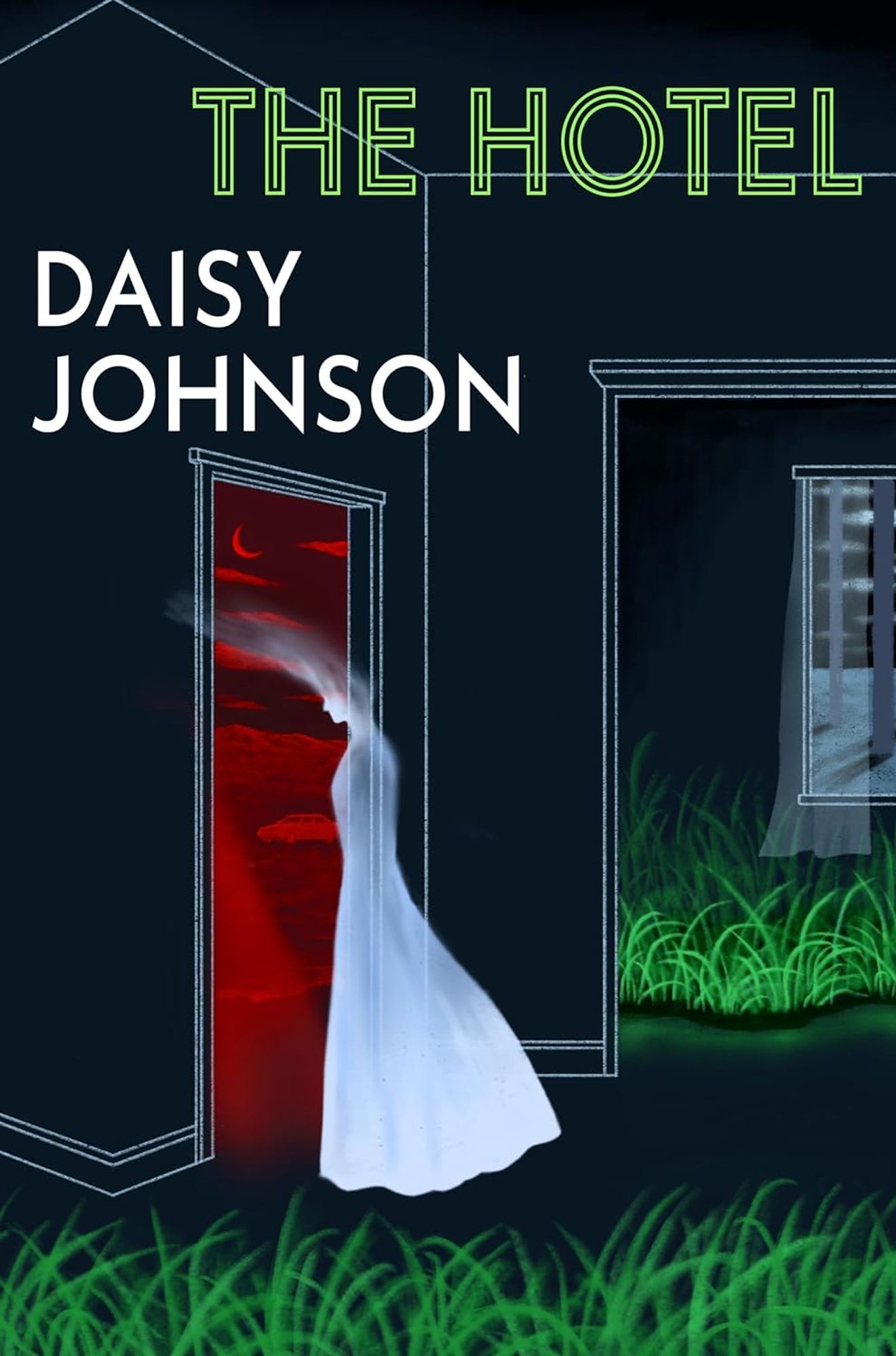 Book cover with grass at the front edge and a ghost like figure melting through a doorway into a red landscape