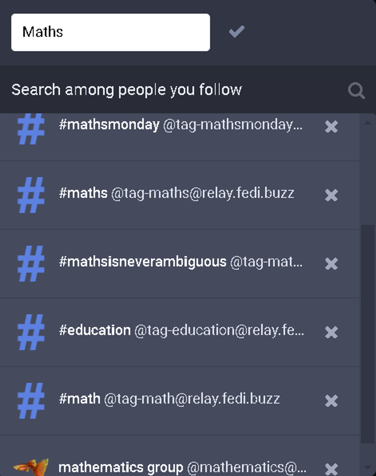 Screenshot of my Maths List showing the multiple Maths accounts being followed, including the hashtags which are being followed via this method