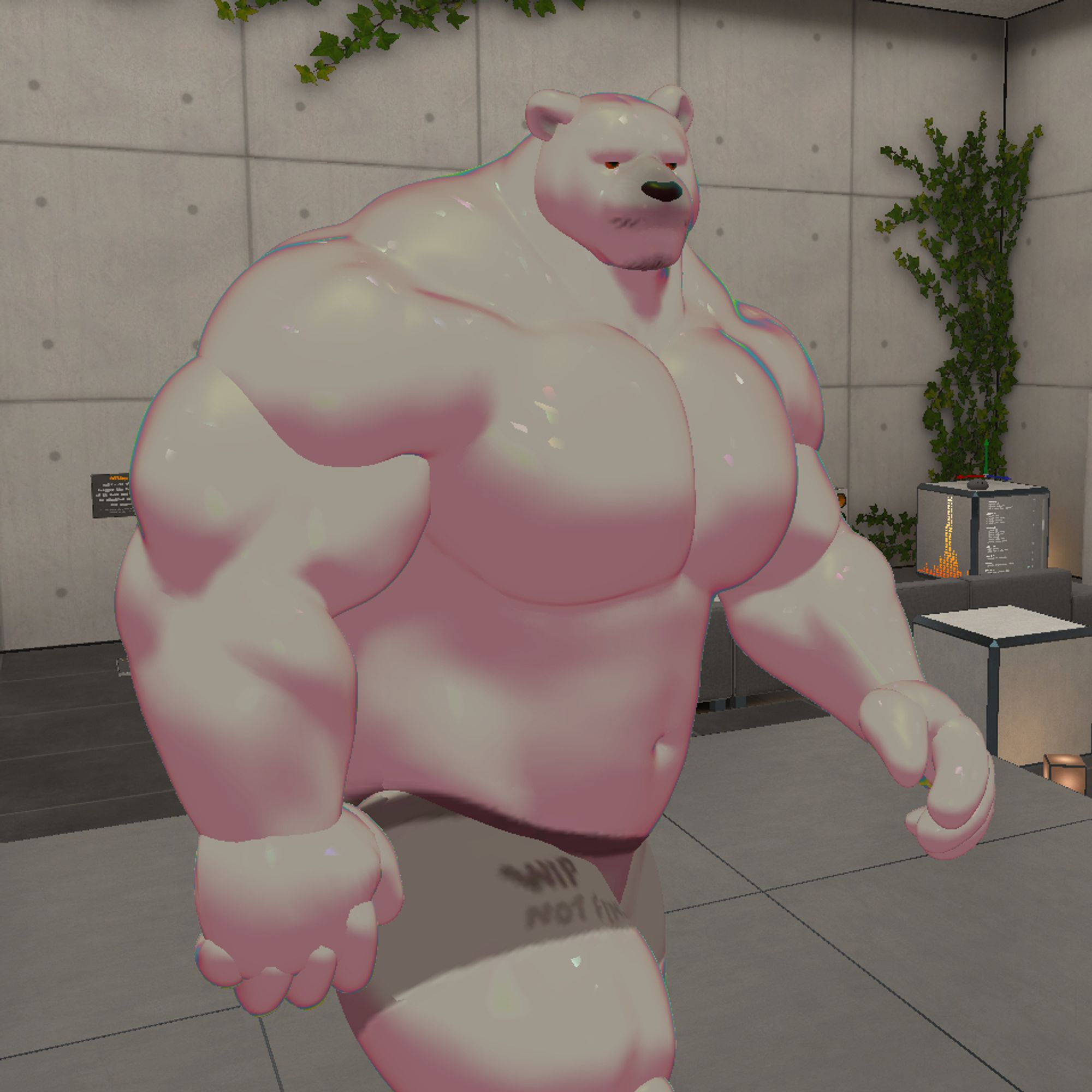 photo taken mid-walk of a 3d model of a buff anthro bear with subtle goatee facial hair