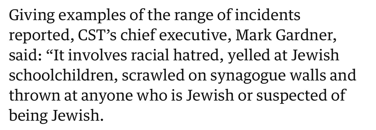 Giving examples of the range of incidents reported, CST's chief executive, Mark Gardner, said: "It involves racial hatred, yelled at Jewish schoolchildren, scrawled on synagogue walls and thrown at anyone who is Jewish or suspected of being Jewish.