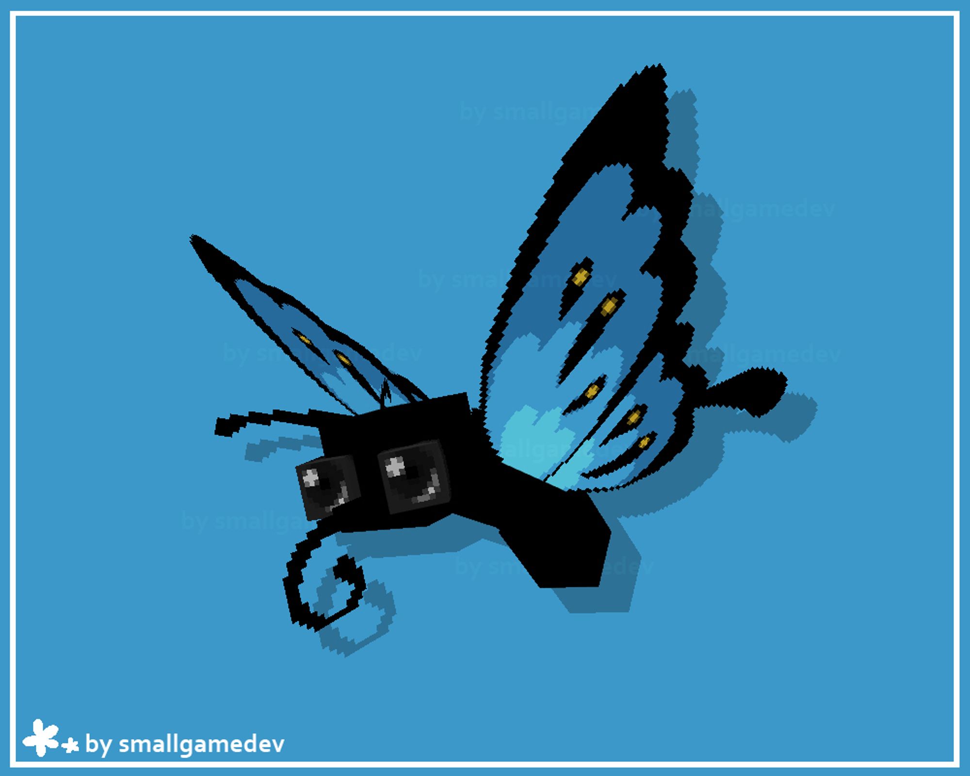 a blocky model of a butterfly, with a black body and blue wings similar to the bluesky logo