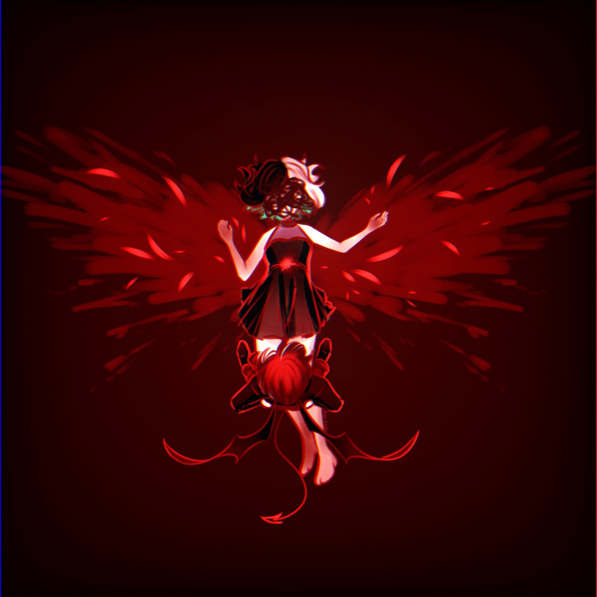 Avi is laying on the floor, blood splattered in the shape of wings. Natsume is standing over her.