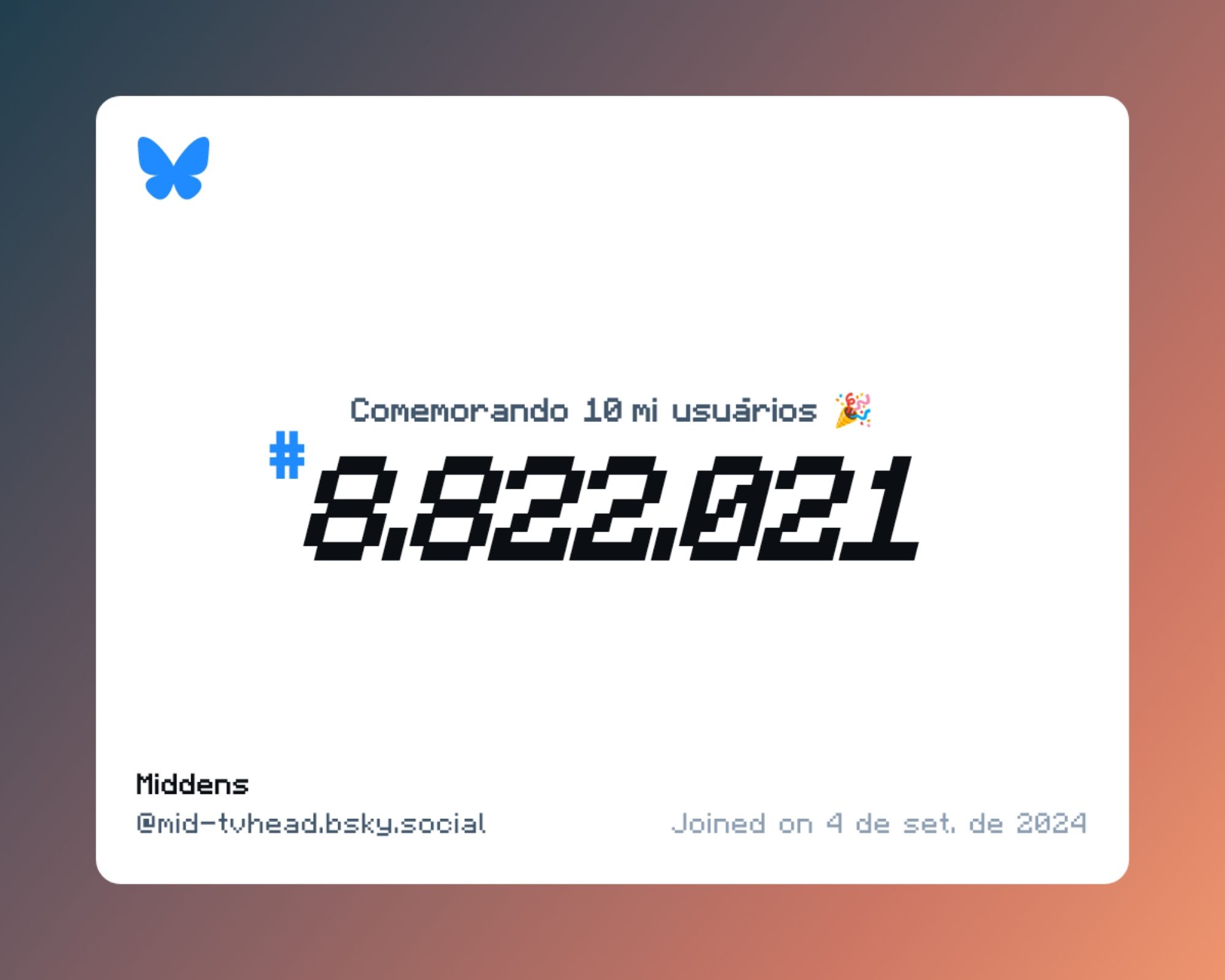 Um certificado virtual com o texto "Comemorando 10 milhões de usuários no Bluesky, #8.822.021, Middens ‪@mid-tvhead.bsky.social‬, ingressou em 4 de set. de 2024"