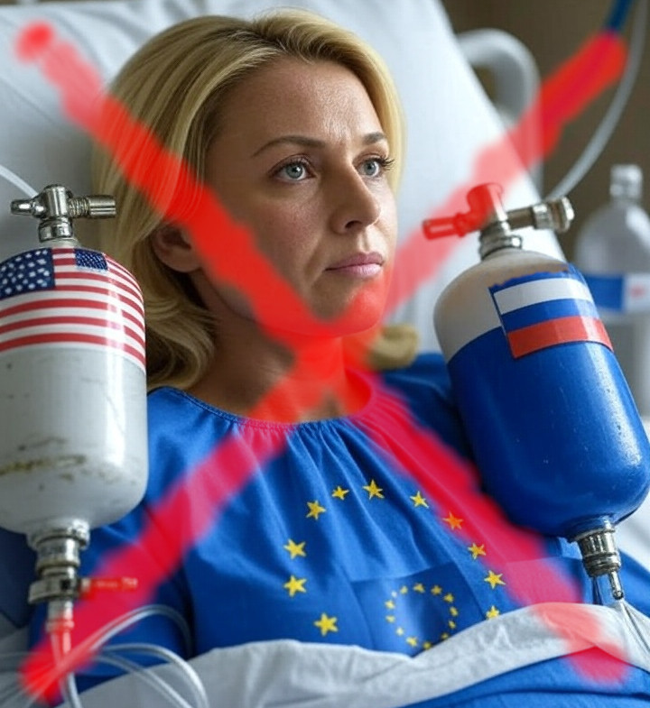Symbol-Bild einer Frau im Krankenbett mit Europa-Flagge, die von Behältern mit US-Flagge und Russlandflagge aus versorgt wird.