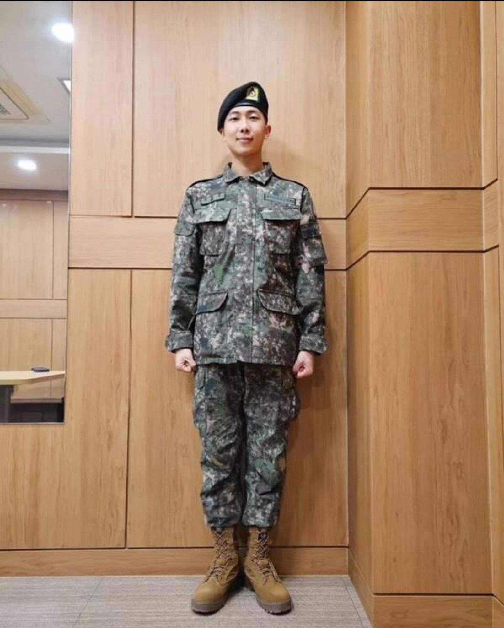 A picture of RM of BTS in his military uniform that he posted on rkive after his military training was concluded