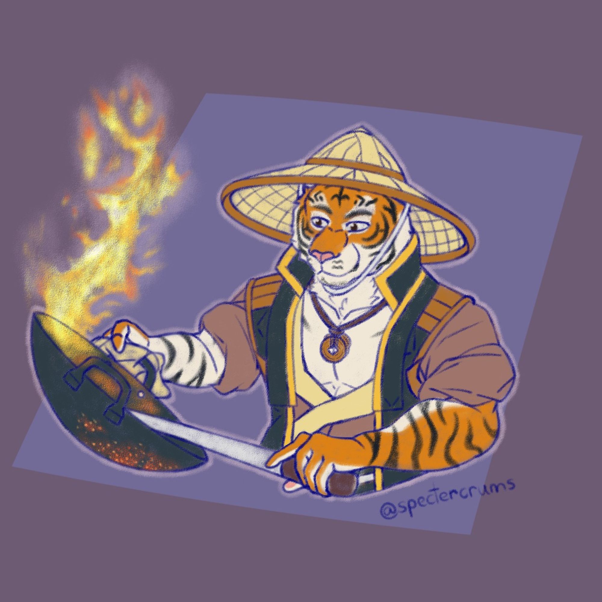 A tiger man wearing a conical hat, surcoat, hanfu, and coins stirfrying something in a wok with rising flames from within