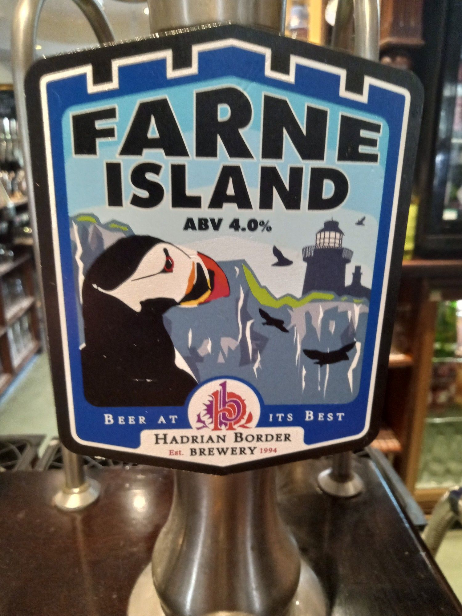 Hadrian Wall Brewery Farne Island real ale pumpclip in the Three Stags pub, Spital, Wirral