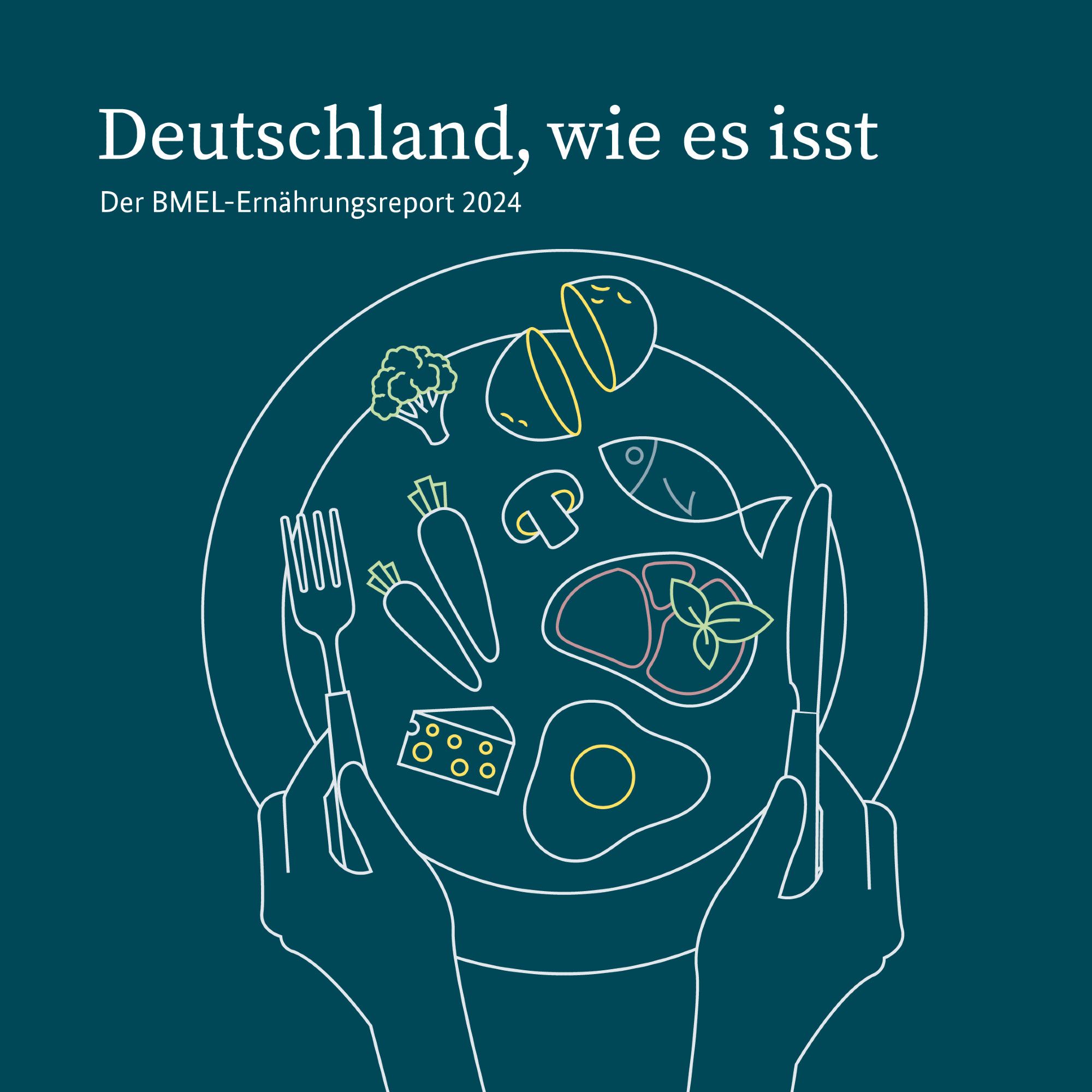 "Deutschland, wie es isst: Der BMEL-Ernährungsreport 2024". Darunter gezeichnet ein Teller mit Lebensmitteln und Hände, die Messer und Gabel halten.