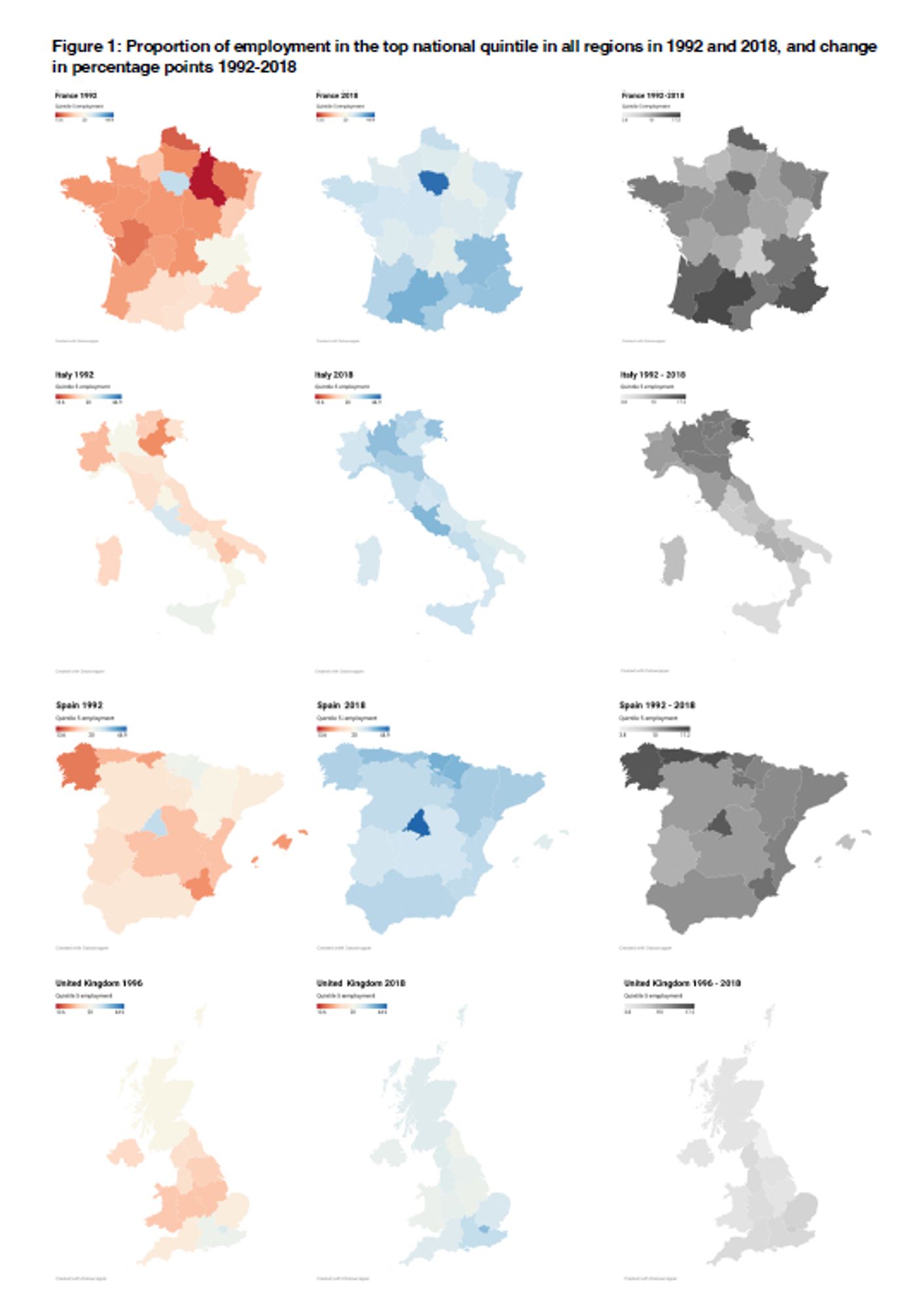 Maps showing proportion of employment in high quality jobs across NUTS-2 regions of France, Italy, Spain and the UK in 1992 and 2018