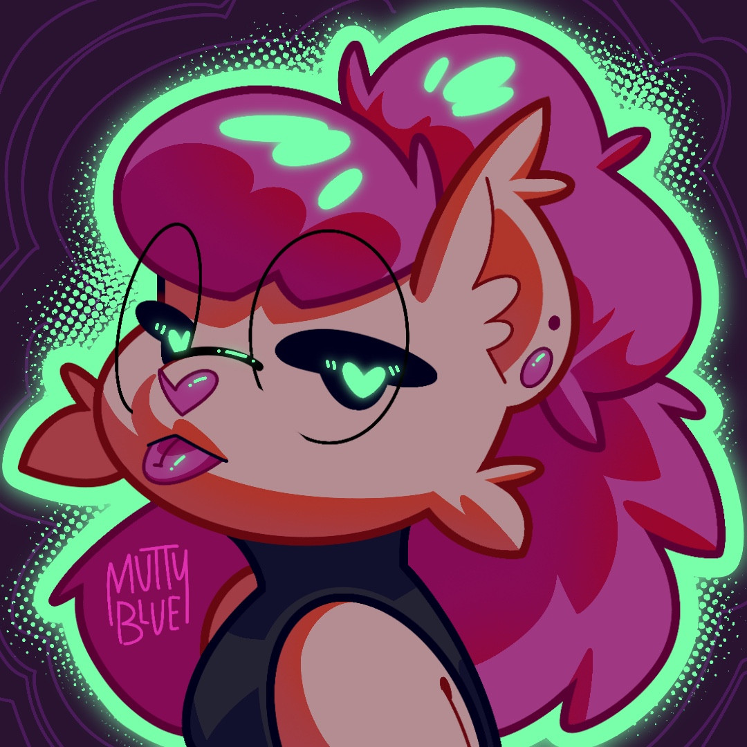 Tan lynx with pink hair and round rimmed glasses bleps with an apathetic look, style is cartoony