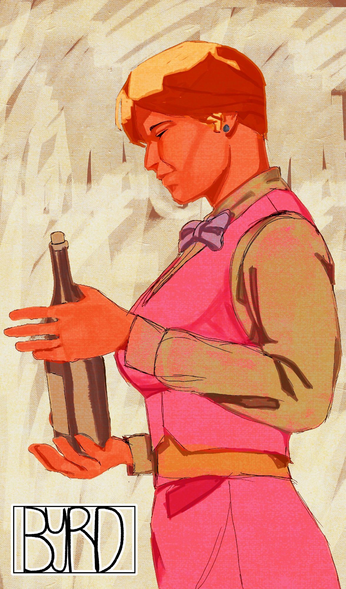 A drawing of King, from King of Fighters/art of fighting. She is holding a wine bottle and smiling with satisfaction. She is painted like JC Leyendecker, the background is brush Strokes of white. My signature sits in the bottom left corner stating byrd in all caps.