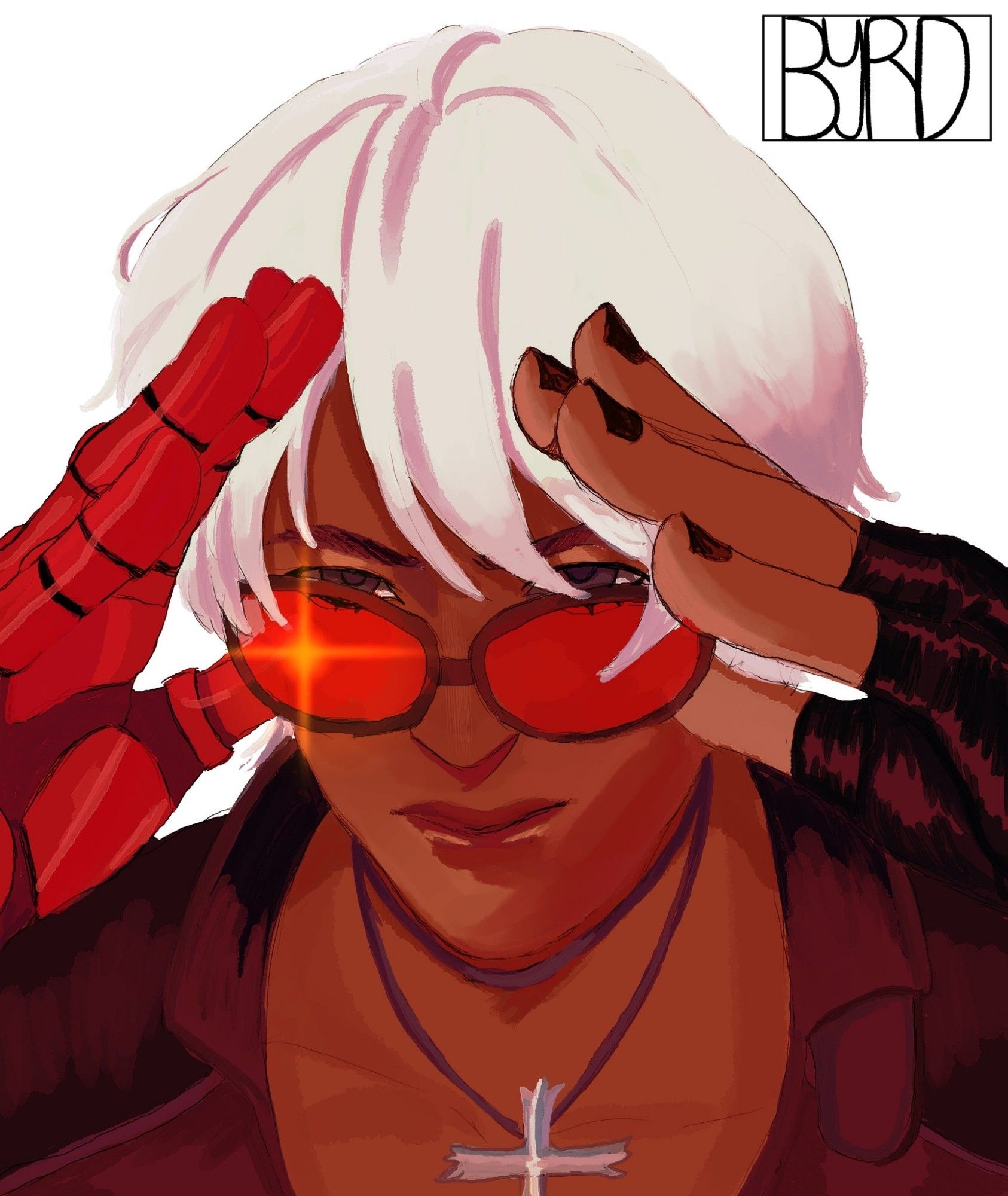 A drawing of K’ from King of Fighters, is a close-up portrait with his hands in front of his face, his thumbs pulling down his glasses. He is staring forward with a focused and determined expression. There is a bright orange shine on the lens of his shades. The background is blank white and my signature is in the top right corner stating Byrd in all caps.