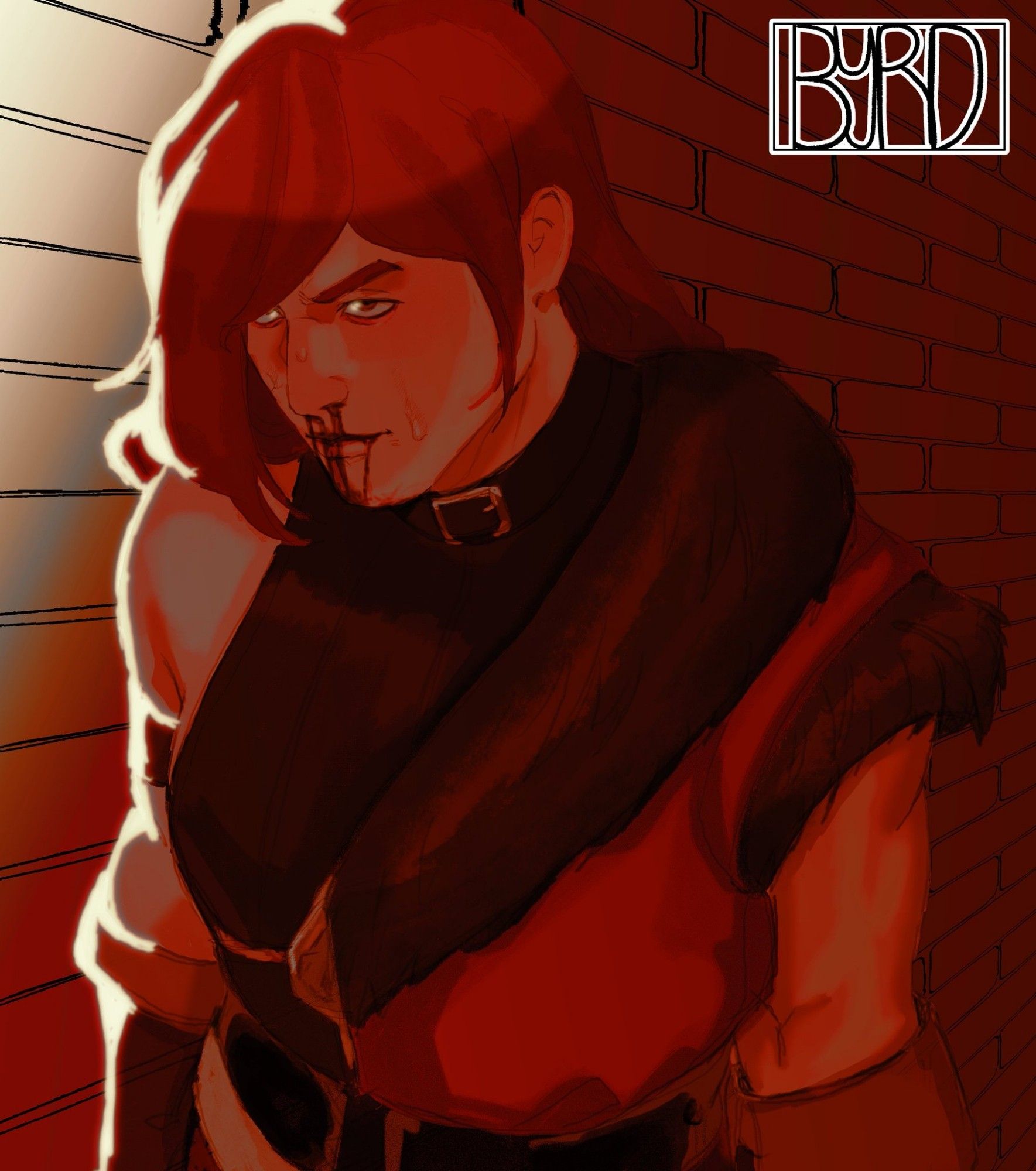 A drawing of Simon Belmont, he is tense with a determined expression as blood drips down from his nose and mouth. Behind him is the brick wall of a hallway. He is lit from the front. The entire image is overlaid in red. My signature sits in the top right corner stating Byrd in all caps.