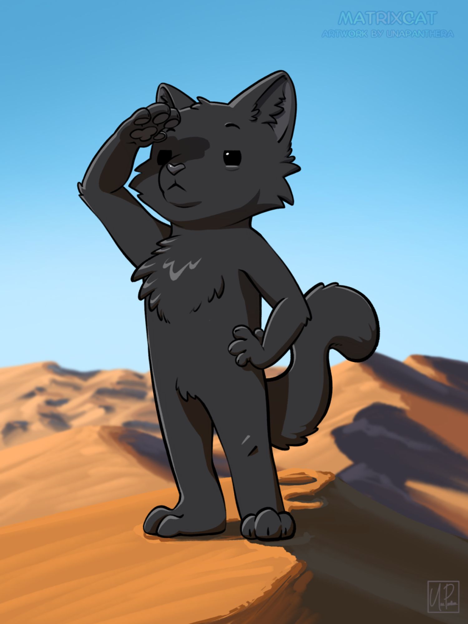 A black cat drawn in a chibi style stands in the dunes of a desert, looking into the distance with squinting eyes shaded by his paw